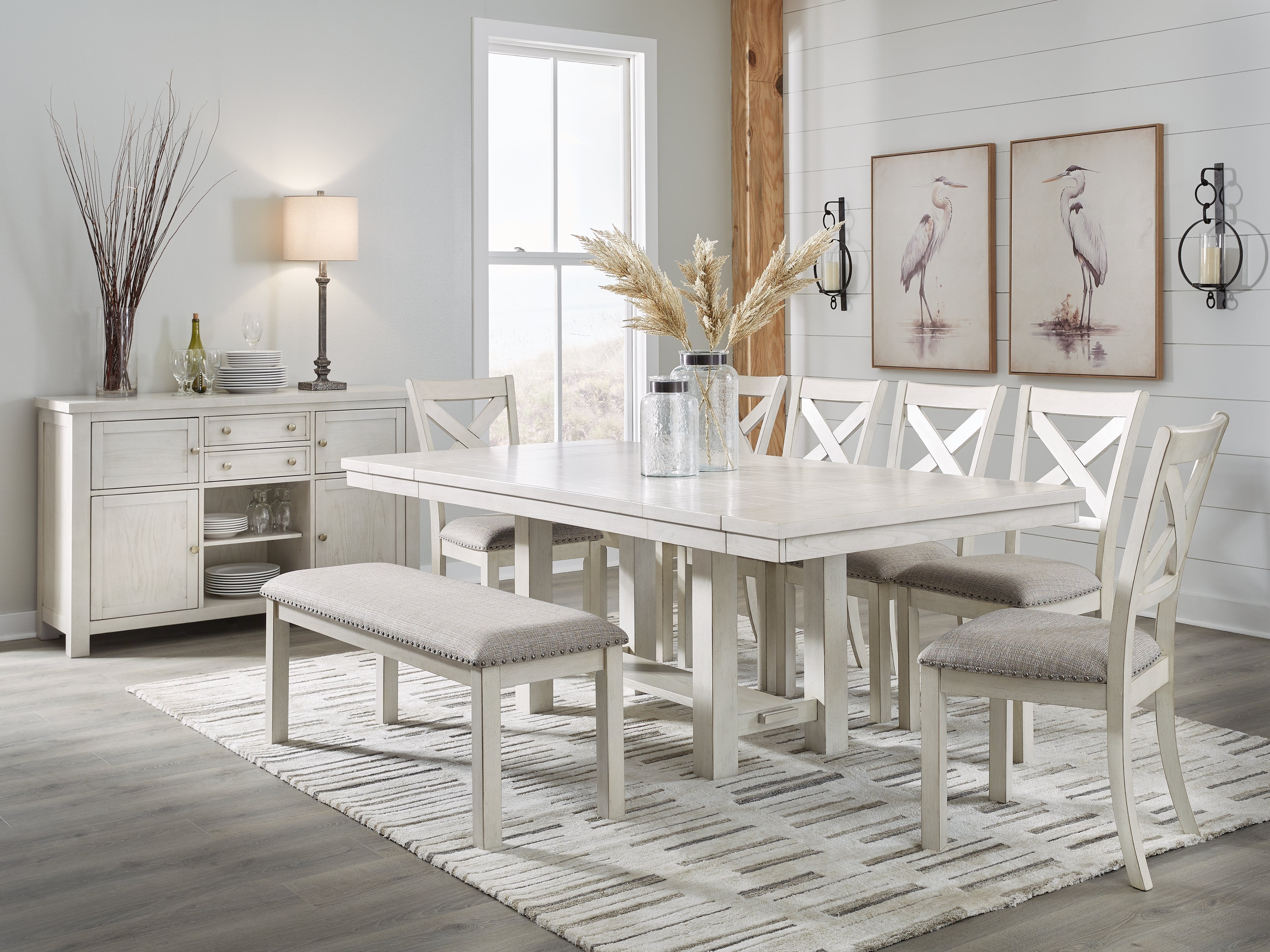 Robbinsdale Dining Table and 6 Chairs and Bench in Antique White - PKG020813
