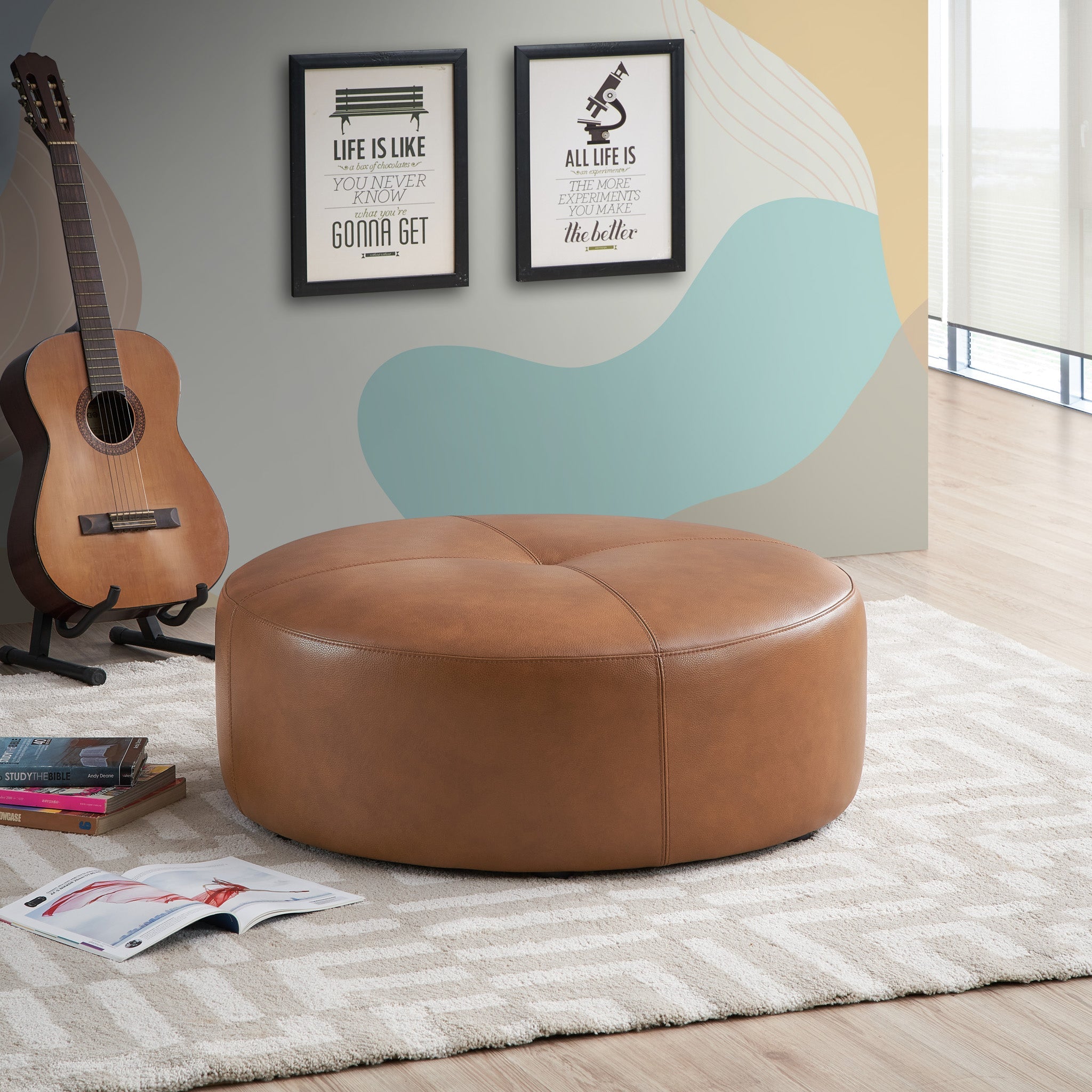 Rochelin Tan Leather Ottoman - OTT00400901