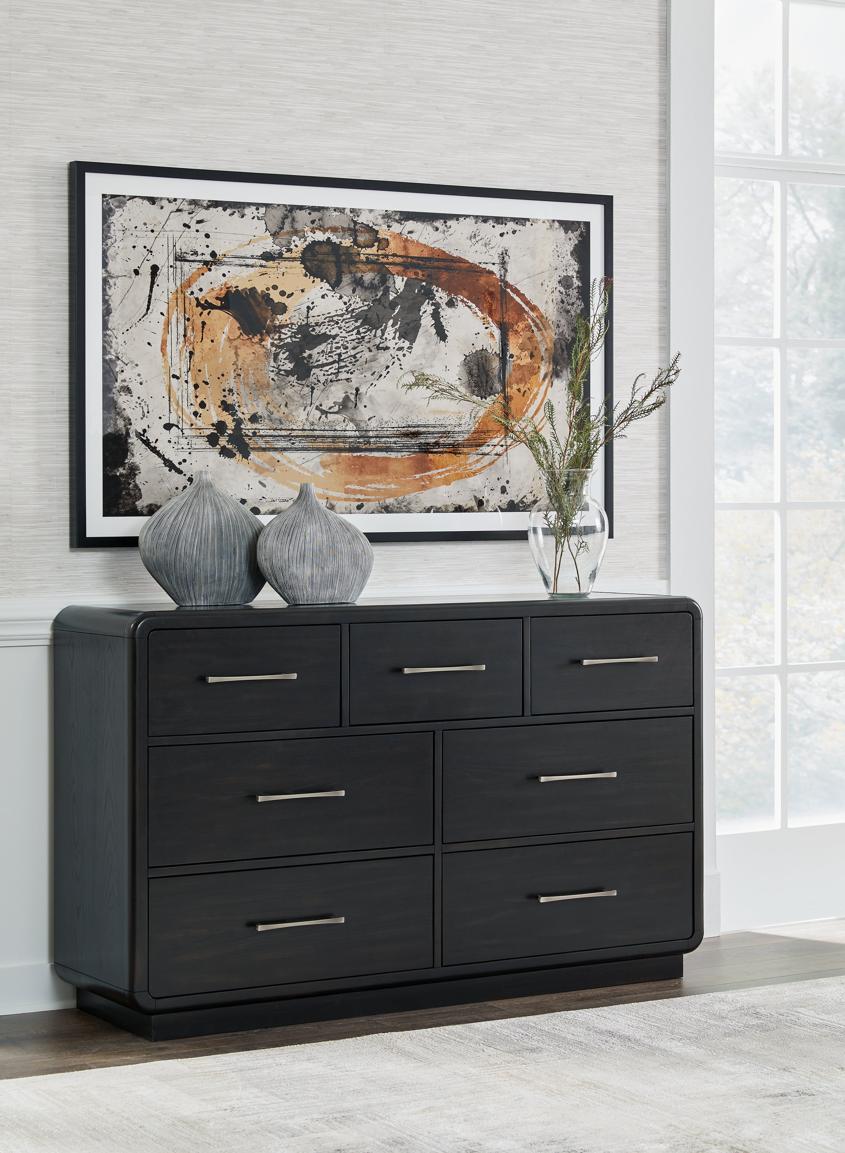 Rowanbeck California King Upholstered Panel Bed with Dresser and 2 Nightstands in Gray/Black from Ashley - Luna Furniture