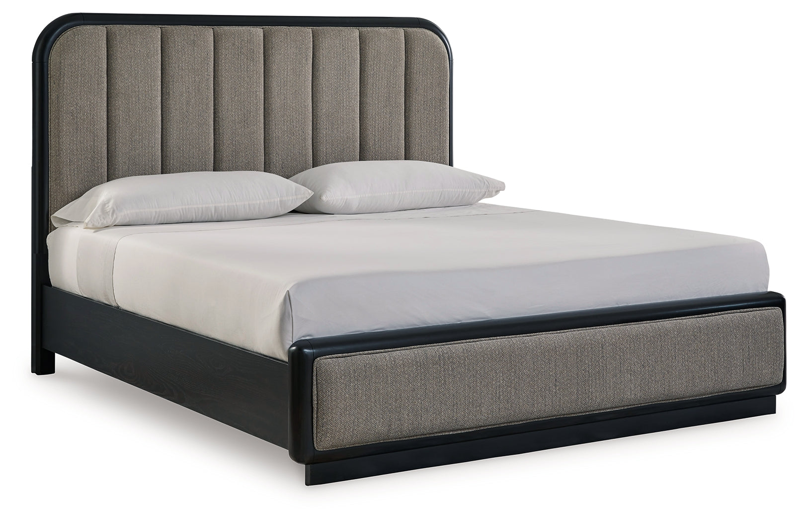 Rowanbeck King Upholstered Panel Bed with Mirrored Dresser and 2 Nightstands in Gray/Black from Ashley - Luna Furniture