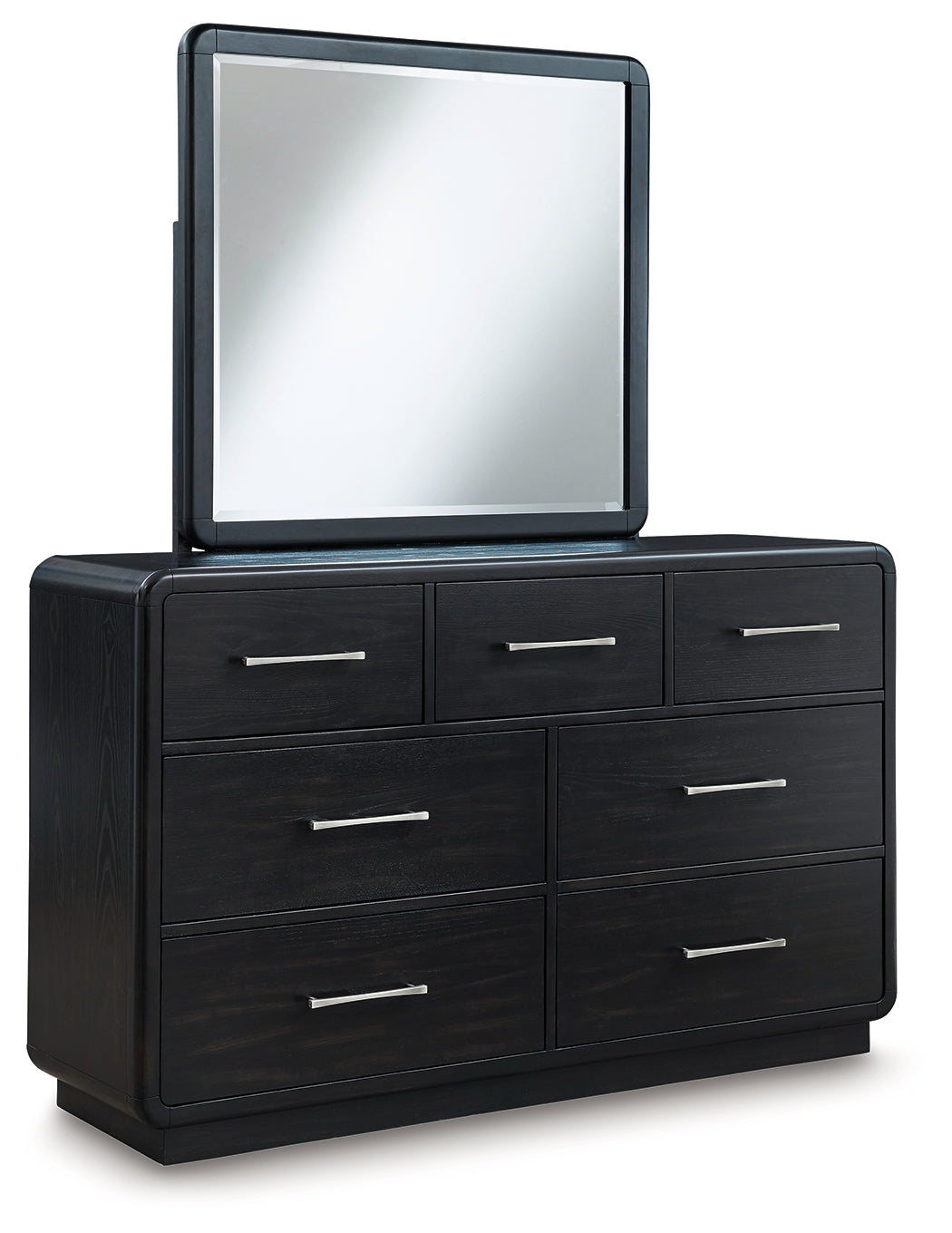 Rowanbeck King Upholstered Panel Bed with Mirrored Dresser, Chest and 2 Nightstands in Gray/Black from Ashley - Luna Furniture