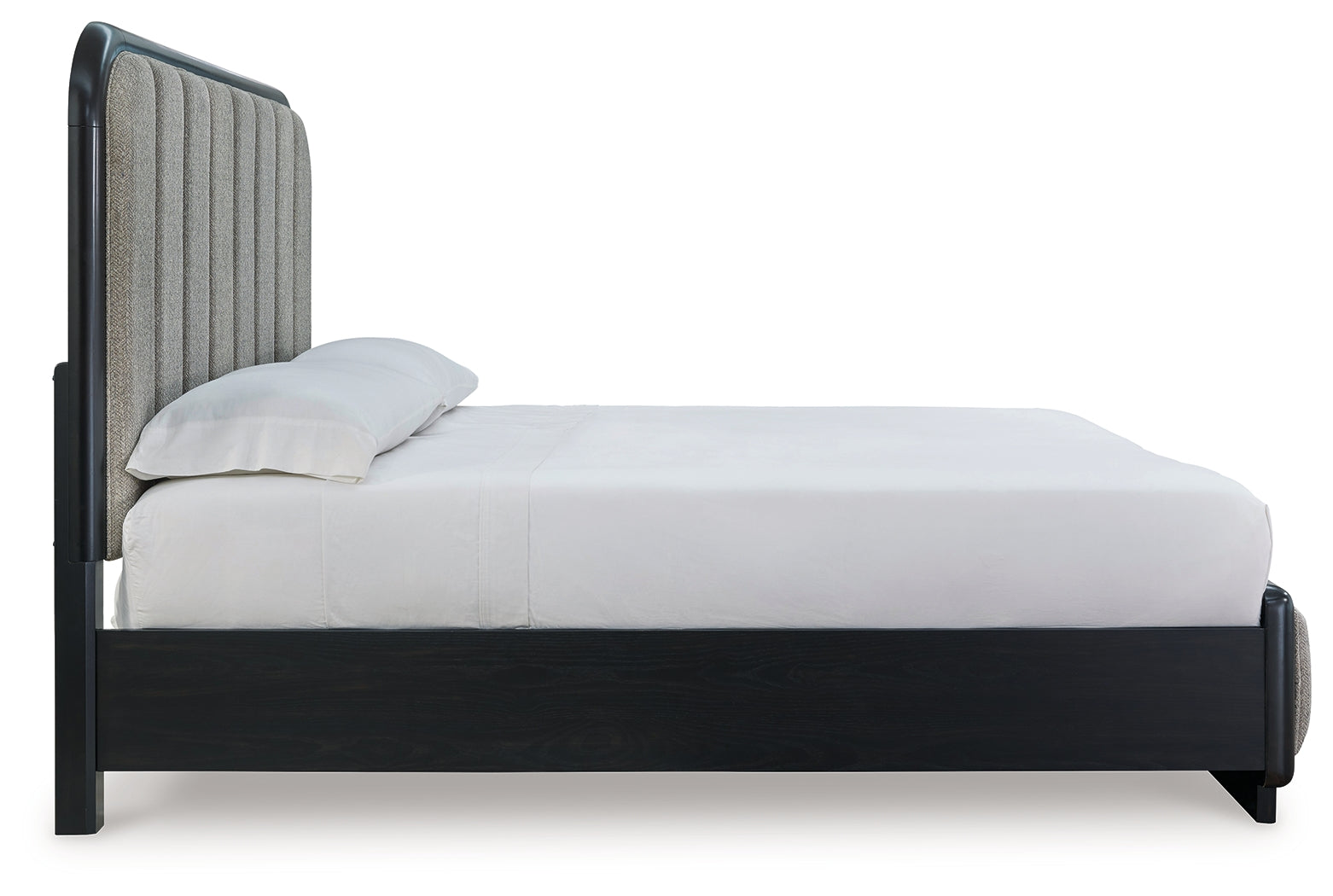 Rowanbeck King Upholstered Panel Bed with Mirrored Dresser, Chest and 2 Nightstands in Gray/Black from Ashley - Luna Furniture