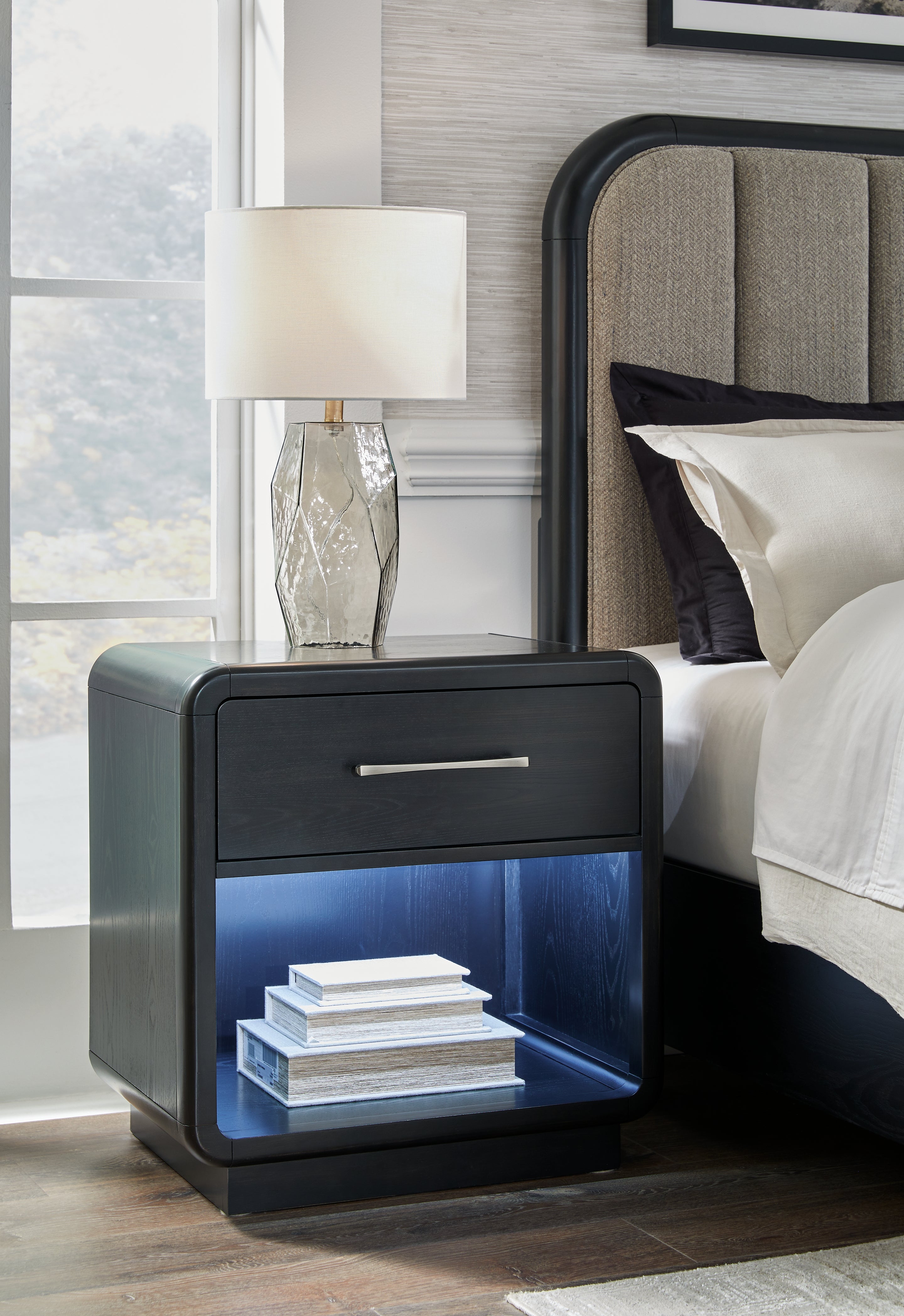 Rowanbeck King Upholstered Panel Bed with Mirrored Dresser, Chest and 2 Nightstands in Gray/Black from Ashley - Luna Furniture