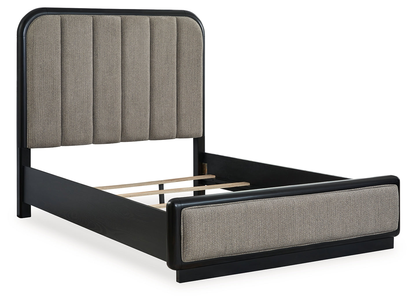 Rowanbeck Queen Upholstered Panel Bed with Mirrored Dresser and 2 Nightstands in Gray/Black from Ashley - Luna Furniture