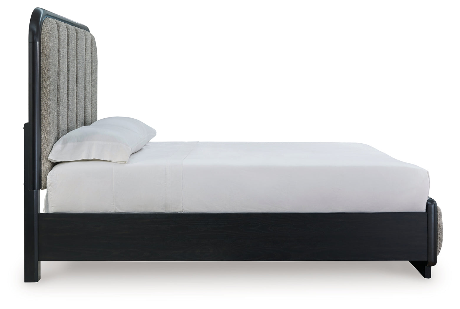 Rowanbeck Queen Upholstered Panel Bed with Mirrored Dresser and 2 Nightstands in Gray/Black from Ashley - Luna Furniture