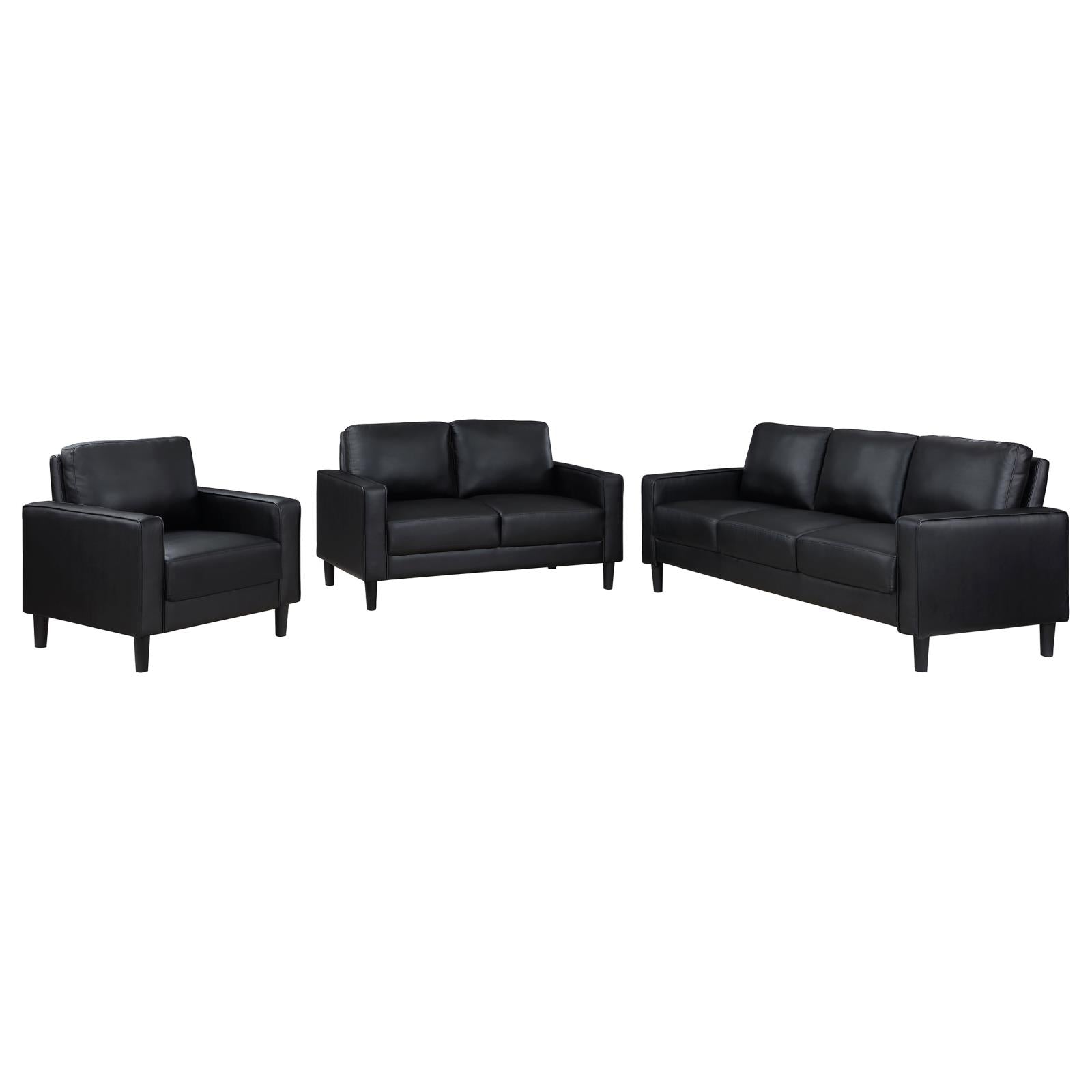 Ruth Black 3-Piece Upholstered Track Arm Faux Leather Sofa Set from Coaster - Luna Furniture