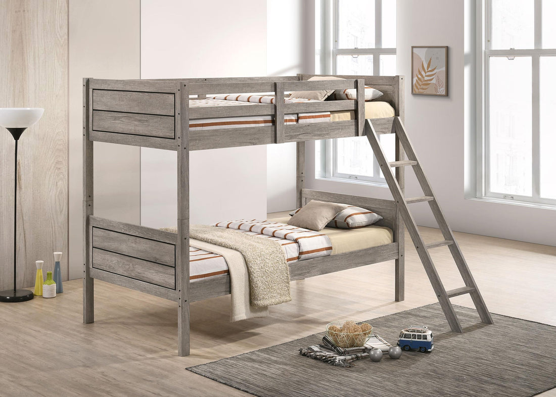 Ryder Wood Twin Over Twin Bunk Bed with Mattress Weathered Taupe - 400818-SM
