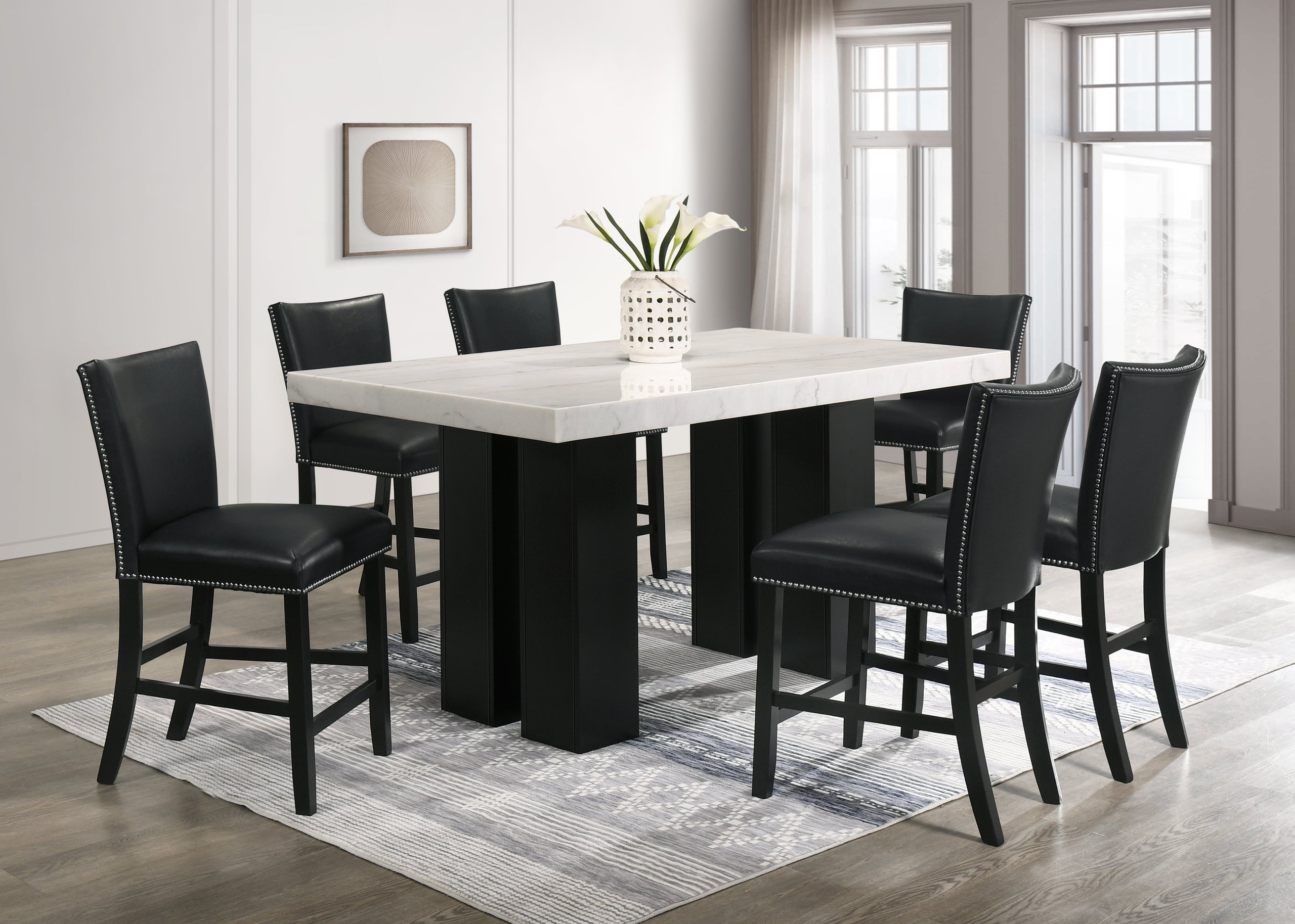 Finland Black/White Genuine Marble 7-Piece Counter Height Set (Table & 6 Chairs)