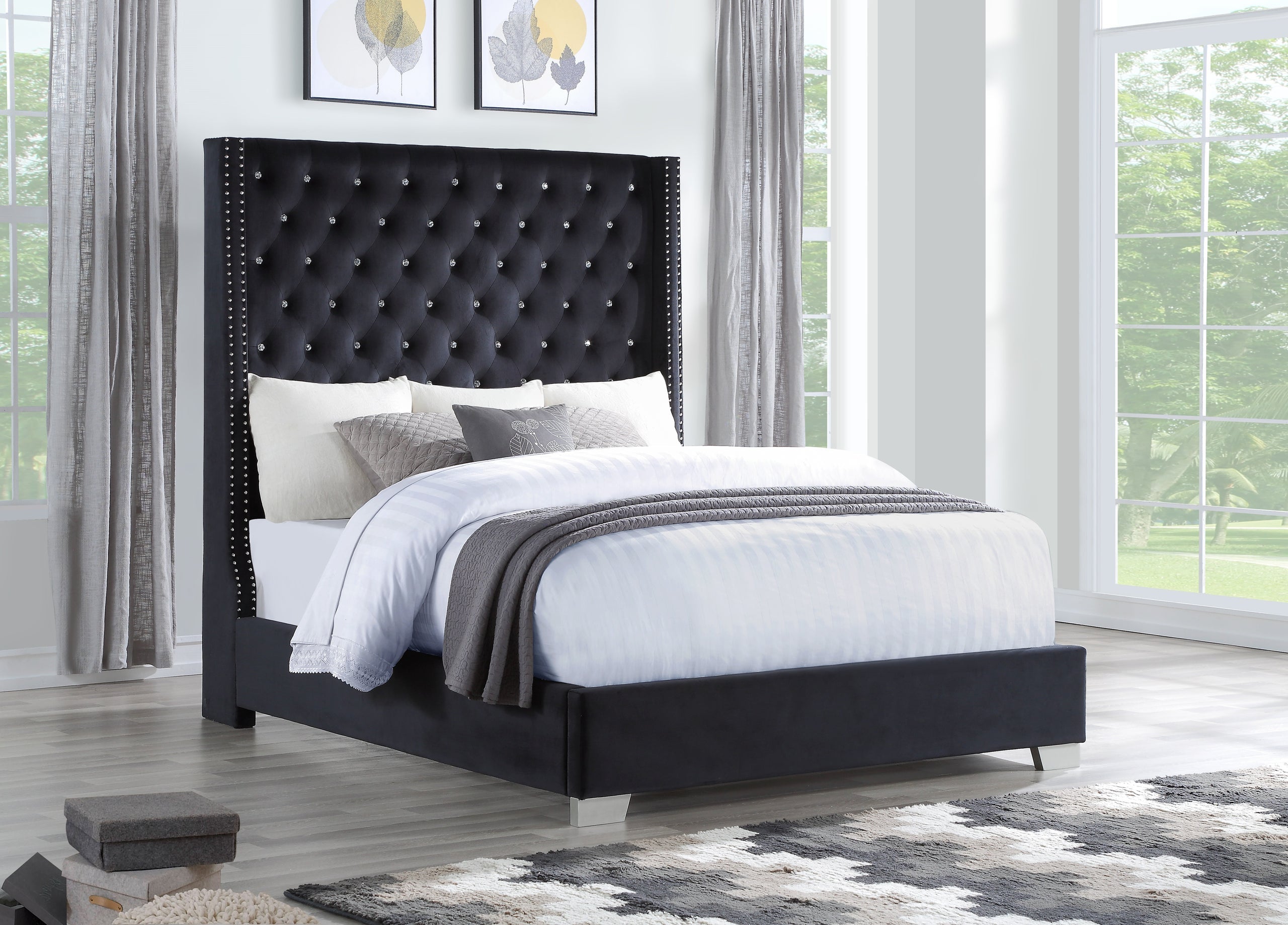Tykocin Black Velvet Upholstered Diamond King Bed