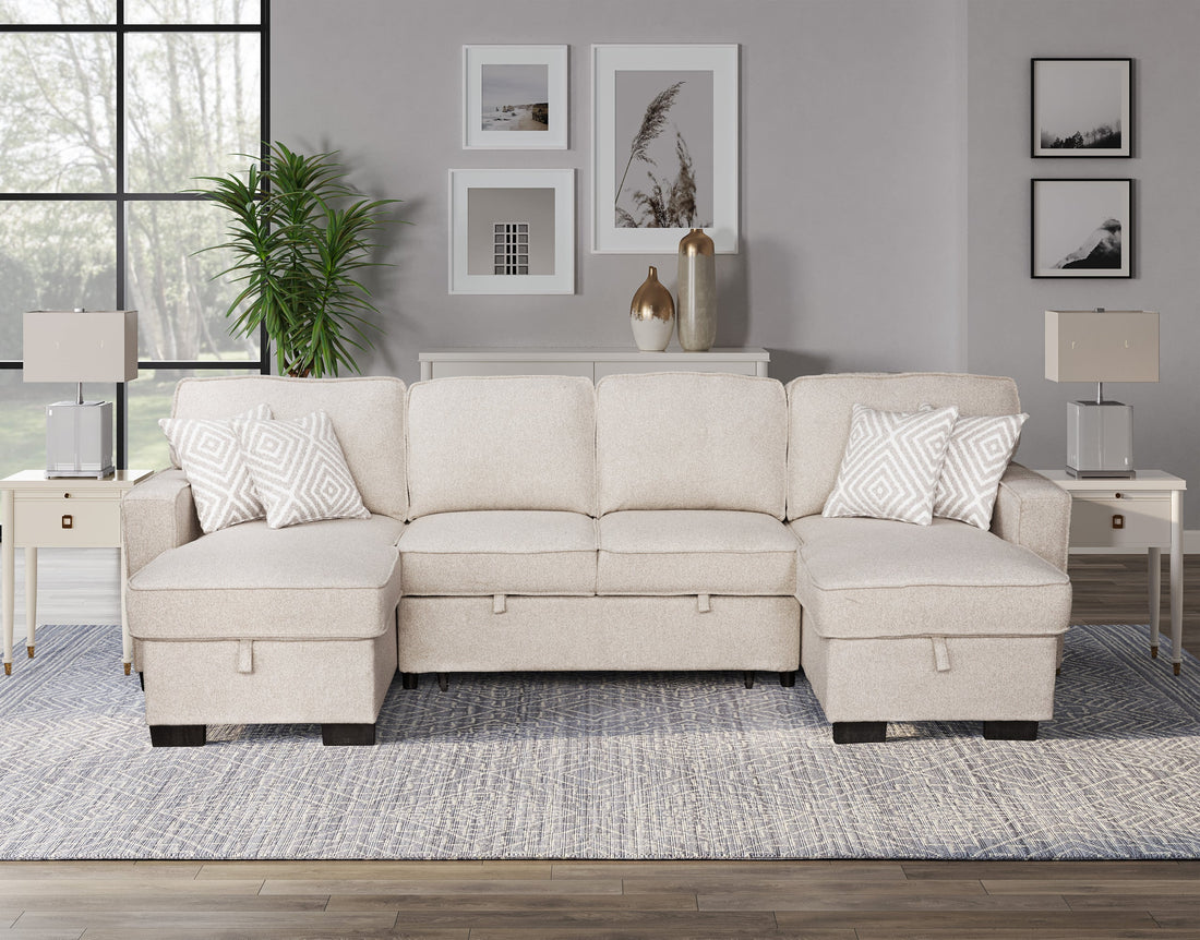 Sahara Beige - Double Storage Chaise Sectional w/ Drop Down Cupholders - SAHARA BEIGE