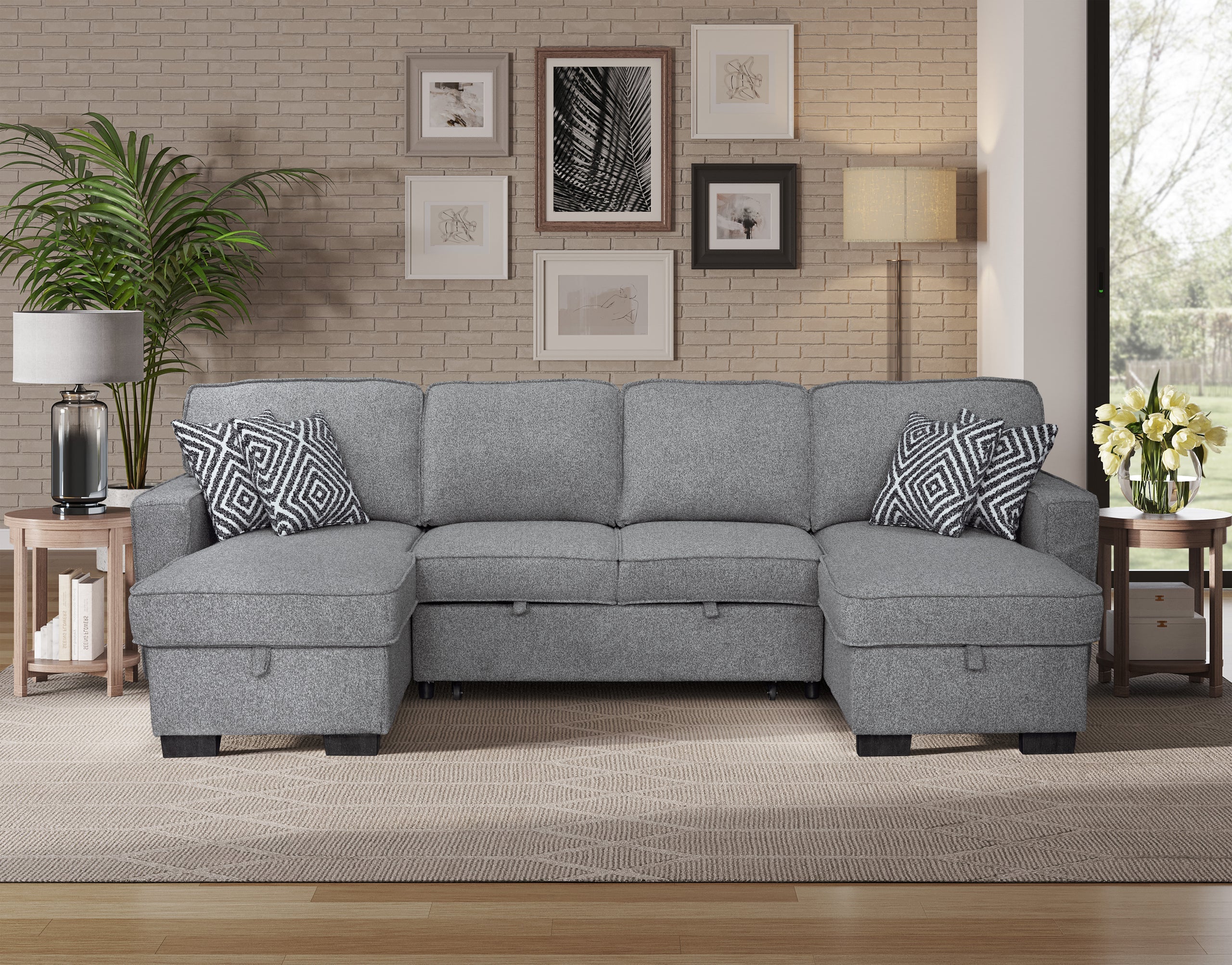 Sahara Gray - Double Storage Chaise Sectional w/ Drop Down Cupholders - SAHARA GRAY