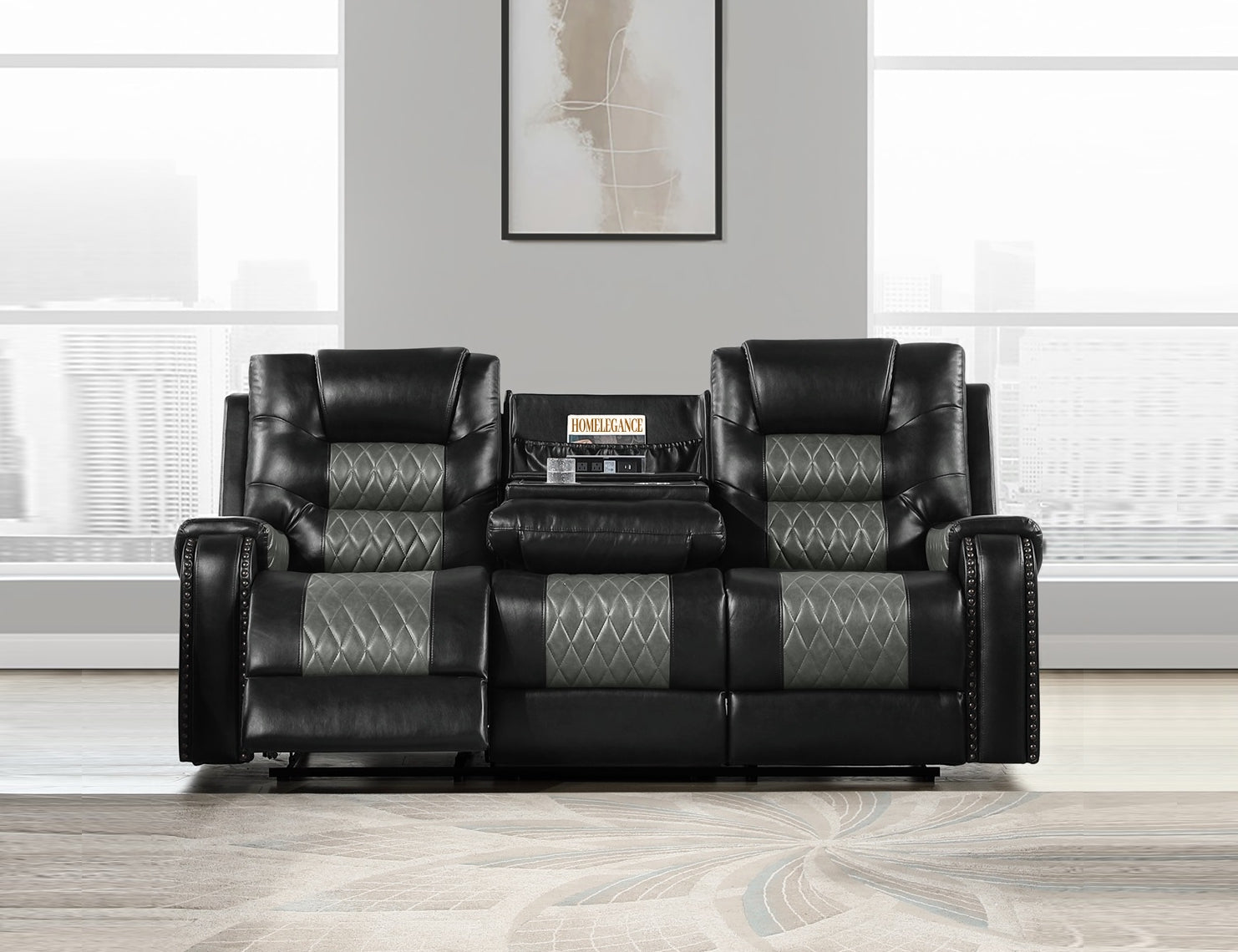 SH8890BLK-3 RECLINING SOFA W/DROP DOWN TBL,CHARGING STATION & CUP HOLDERS - SH8890BLK-3