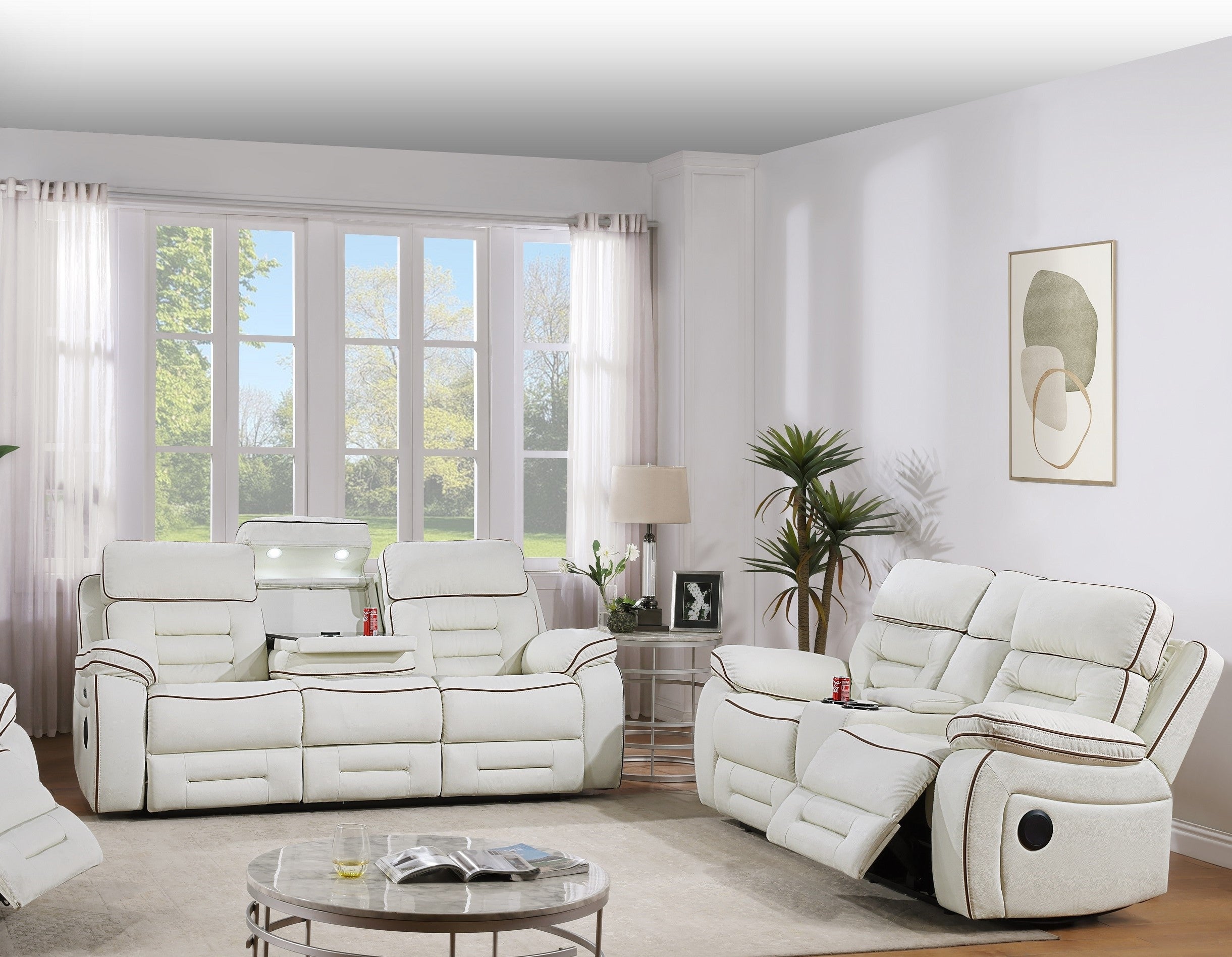 SH8898WHT-3 PW RECLN SOFA W/ PW HEADREST, SPEAKER, DROPDOWN TBL, CUP HOLDER, READ LIGHT & DRAWER BOX - SH8898WHT-3