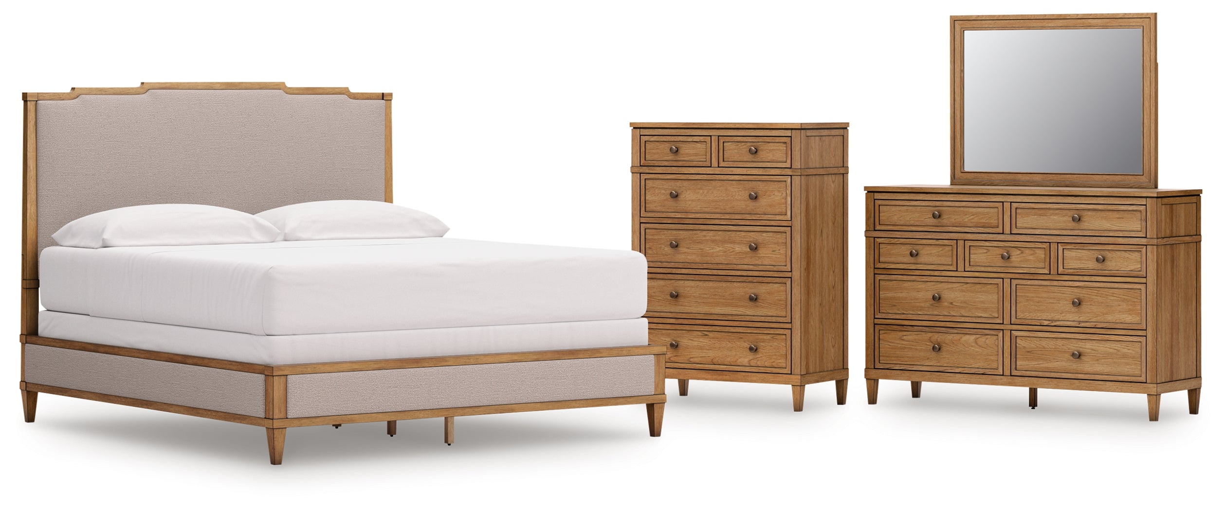 Sharlance California King Upholstered Panel Bed with Mirrored Dresser and Chest in Light Brown from Ashley - Luna Furniture