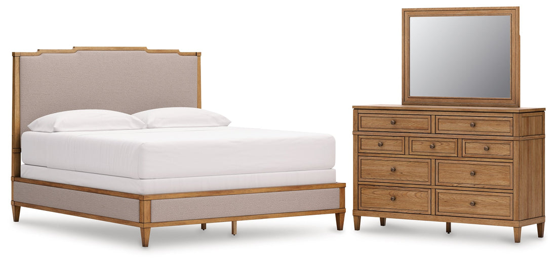 Sharlance California King Upholstered Panel Bed with Mirrored Dresser in Light Brown from Ashley - Luna Furniture