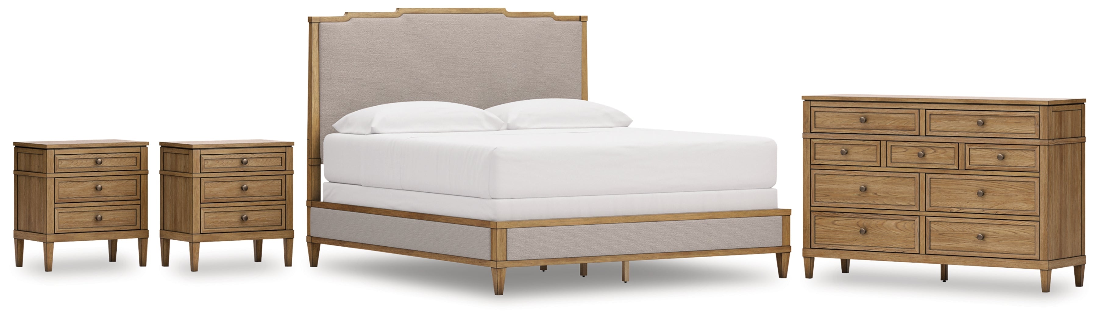 Sharlance King Upholstered Panel Bed with Dresser and 2 Nightstands in Light Brown from Ashley - Luna Furniture