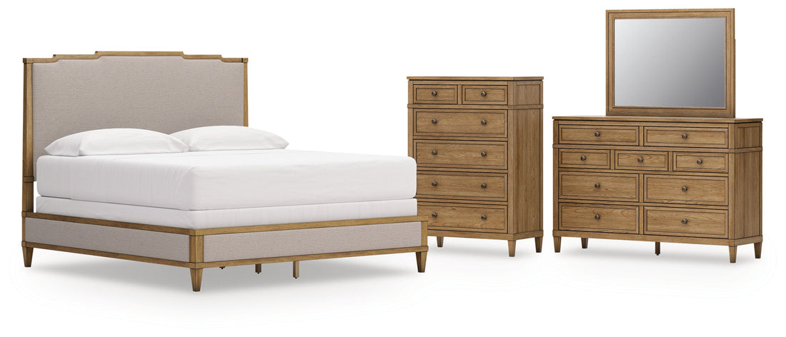 Sharlance King Upholstered Panel Bed with Mirrored Dresser and Chest in Light Brown from Ashley - Luna Furniture