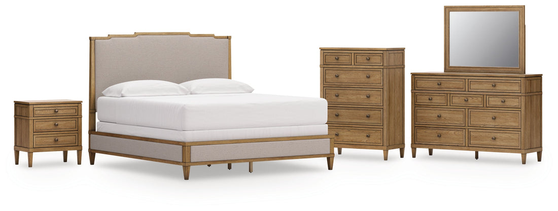 Sharlance King Upholstered Panel Bed with Mirrored Dresser, Chest and Nightstand in Light Brown from Ashley - Luna Furniture