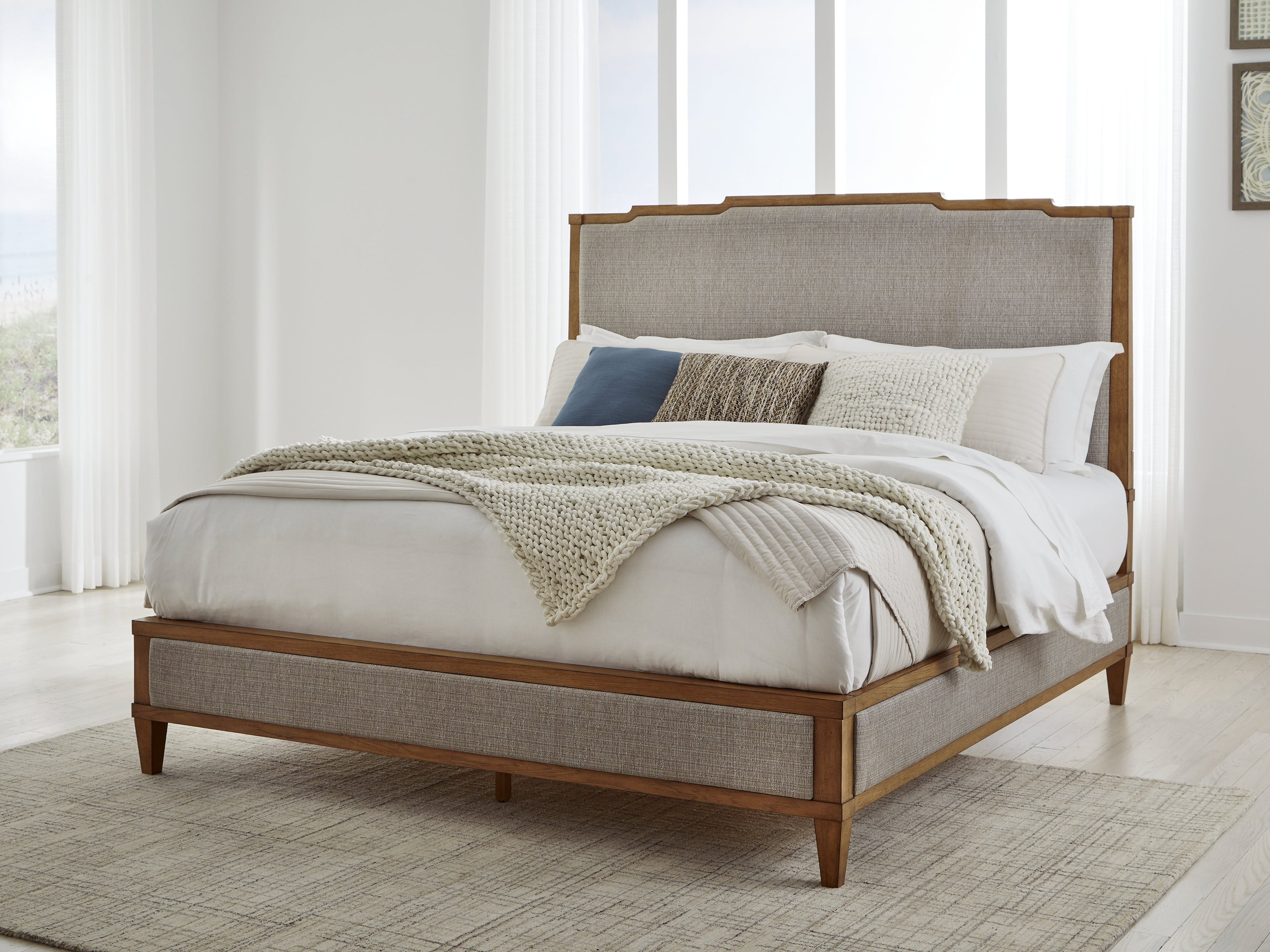 Sharlance King Upholstered Panel Bed with Mirrored Dresser in Light Brown from Ashley - Luna Furniture