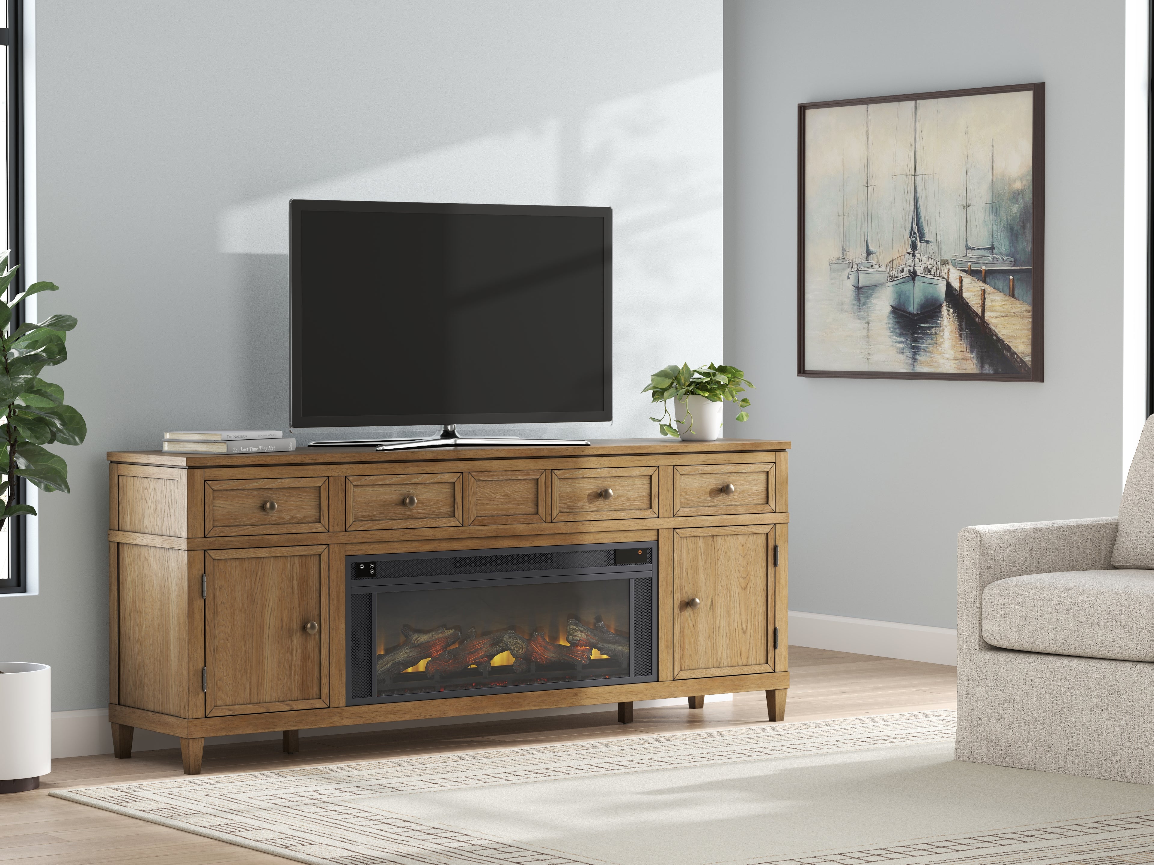 Sharlance Light Brown 81" TV Stand with Electric Fireplace - W655W1