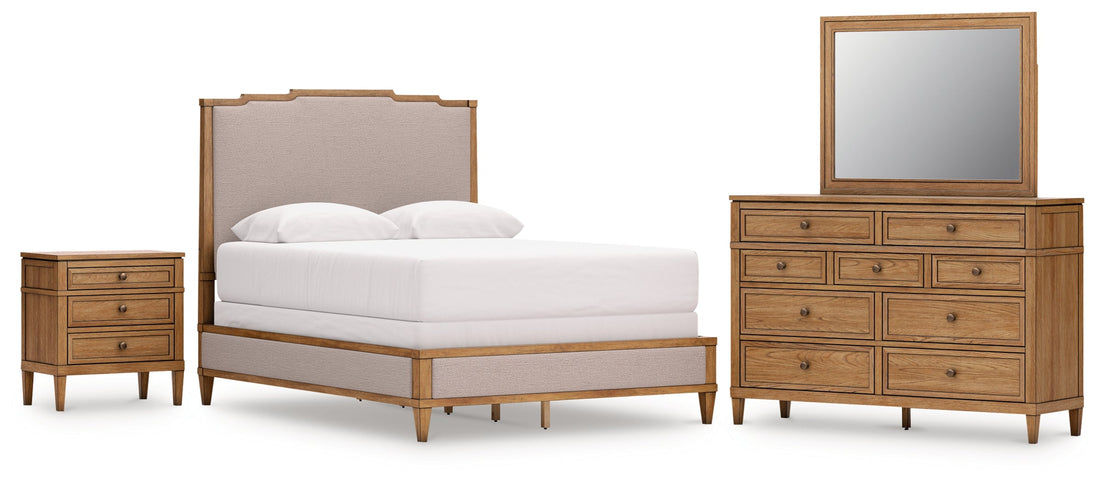 Sharlance Queen Upholstered Panel Bed with Mirrored Dresser and Nightstand in Green/Brown from Ashley - Luna Furniture