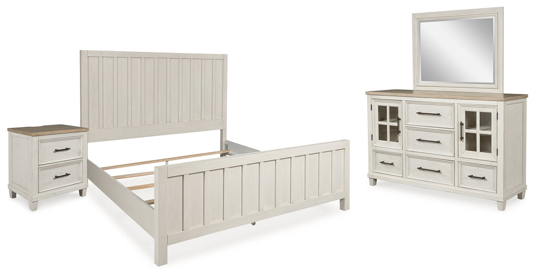 Shaybrock California King Panel Bed with Mirrored Dresser and Nightstand in Antique White - PKG020395