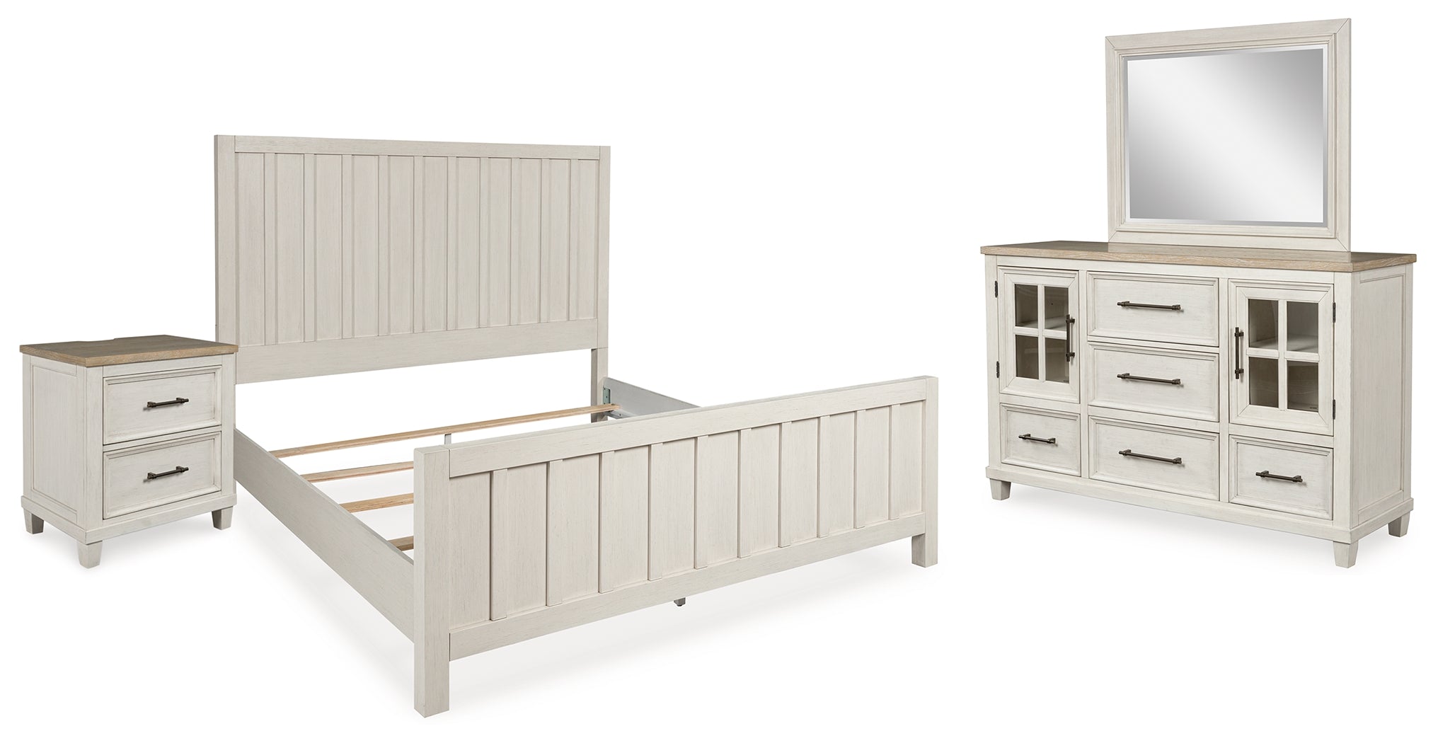 Shaybrock California King Panel Bed with Mirrored Dresser and Nightstand in Antique White - PKG020395