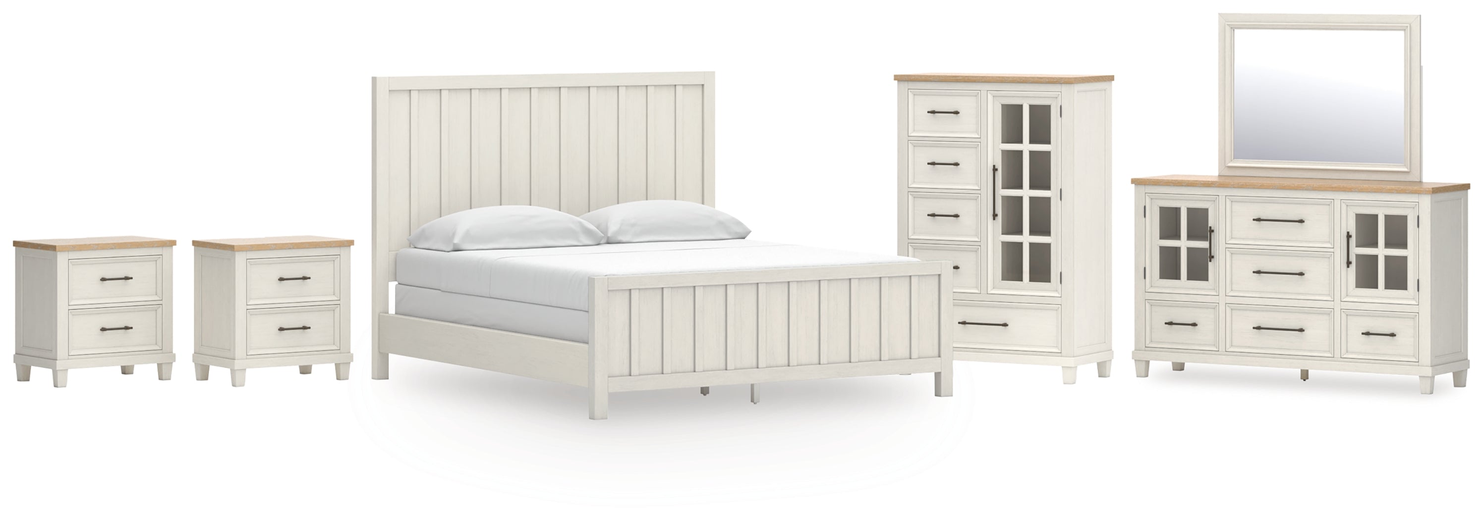 Shaybrock California King Panel Bed with Mirrored Dresser, Chest and 2 Nightstands in Antique White from Ashley - Luna Furniture