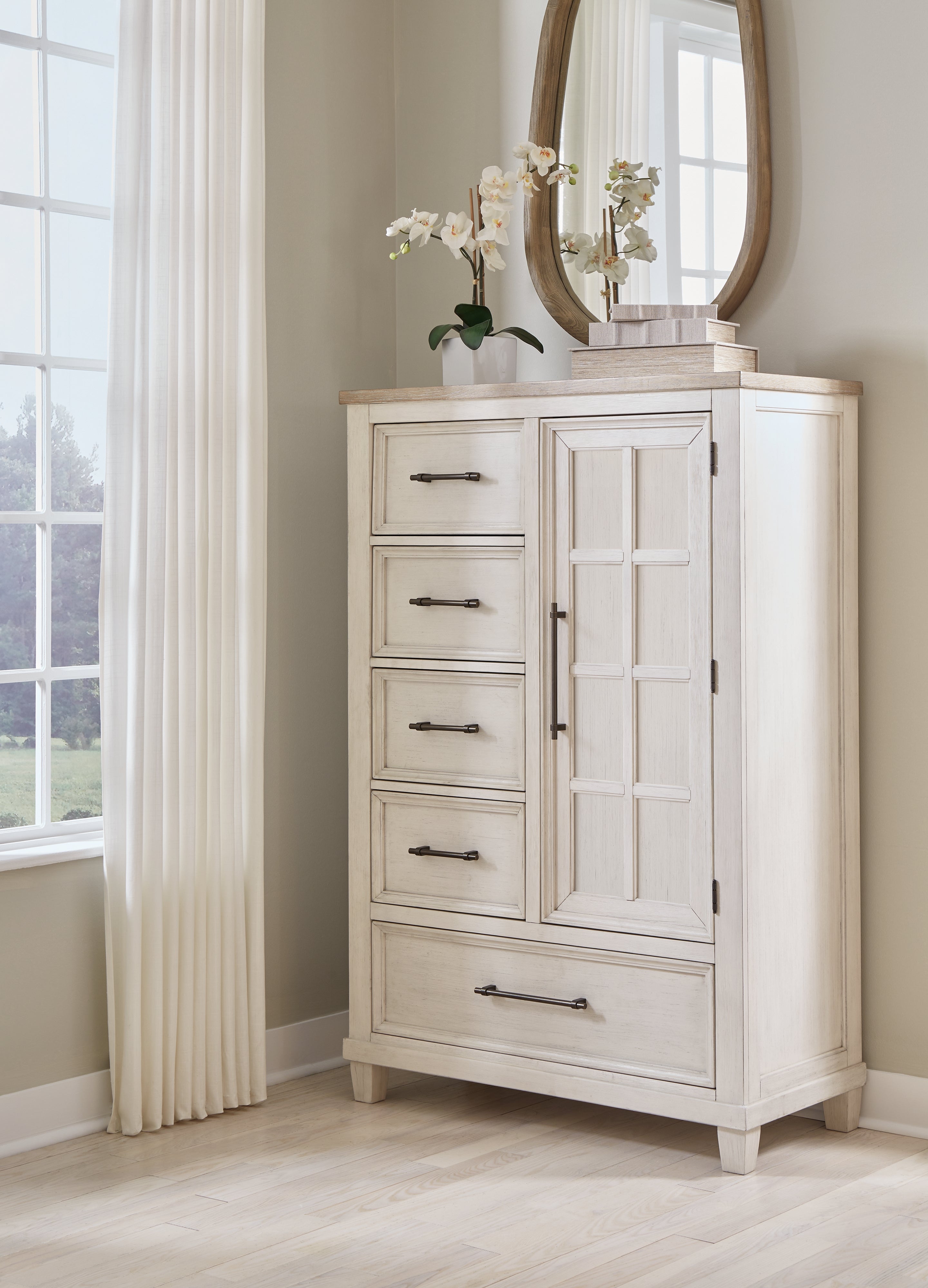 Shaybrock Queen Panel Bed with Mirrored Dresser, Chest and Nightstand in Antique White from Ashley - Luna Furniture