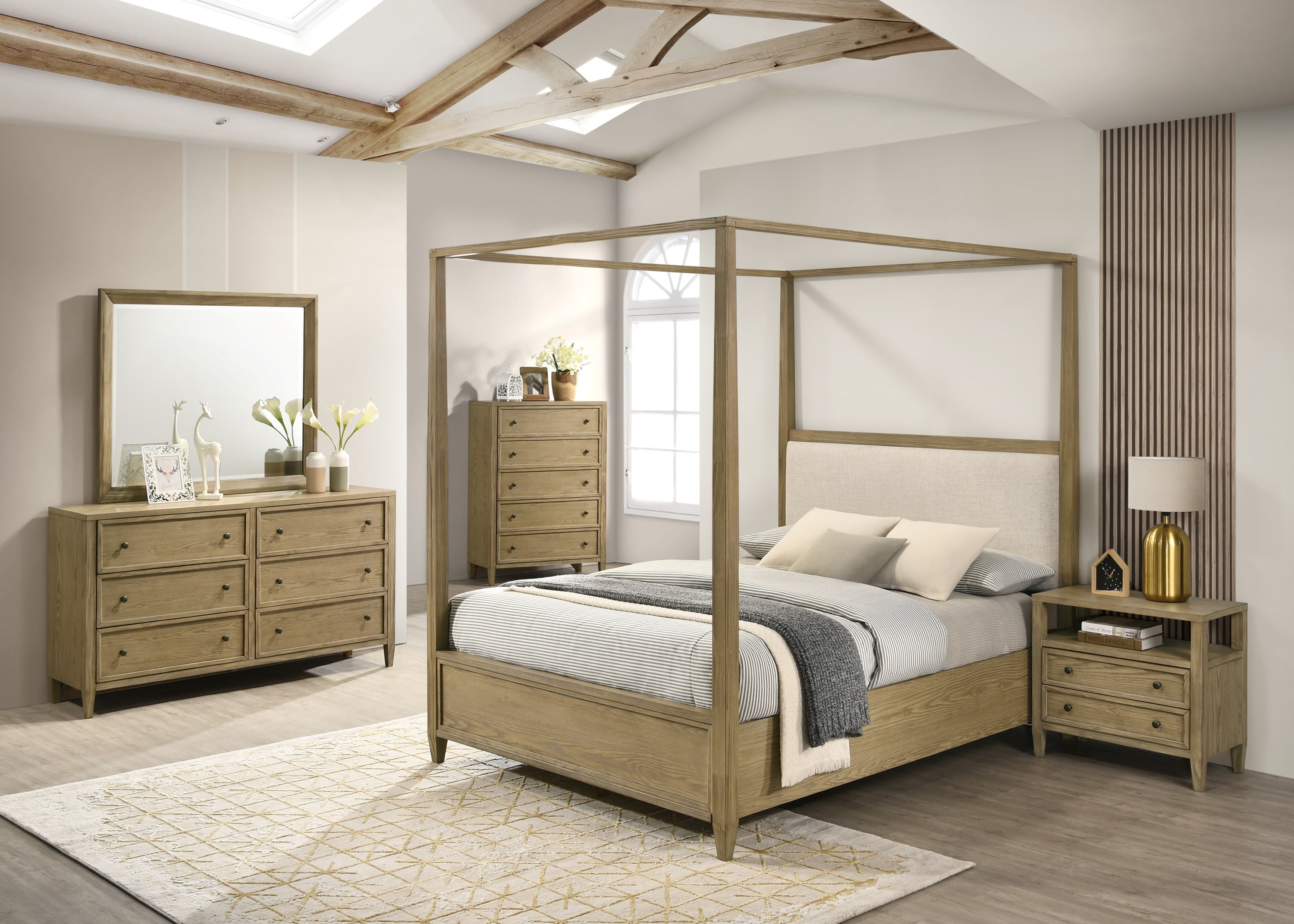 Sienna Rustic Natural Canopy Platform Bedroom Set - SET | B8250-Q-HBFB | B8250-Q-BASE | B8250-KQ-RAIL | B8250-2 | B8250-4