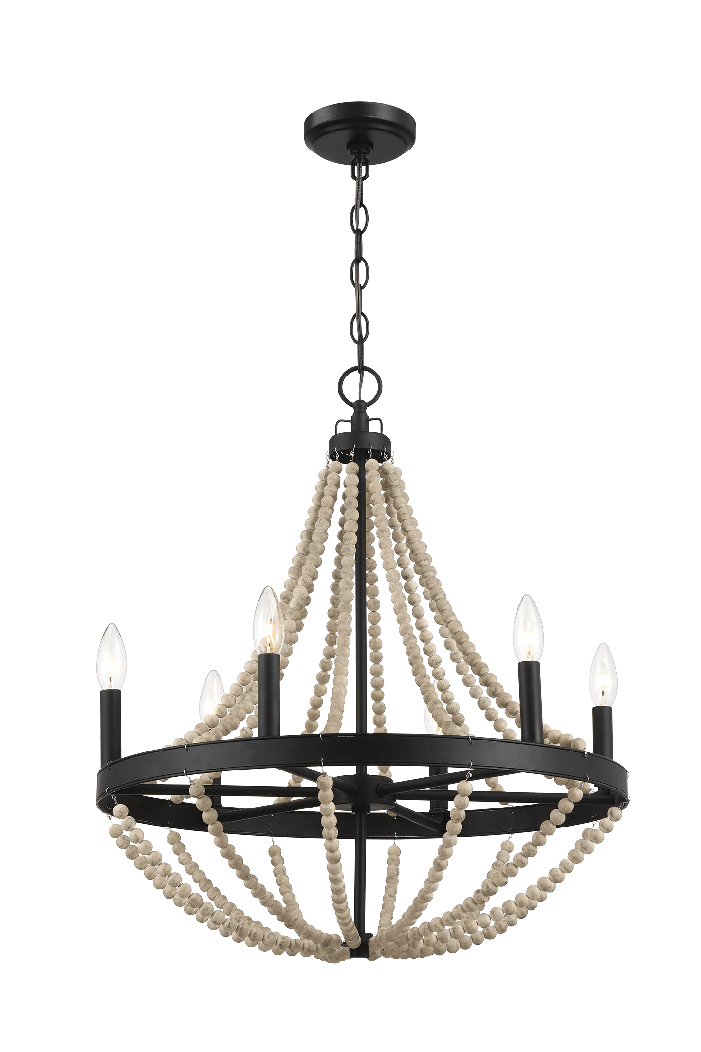 Starry Wood Chandelier Farmhouse Six Candle Light Wood Beaded Black Pendant Light for Dining Room - PNL03901301