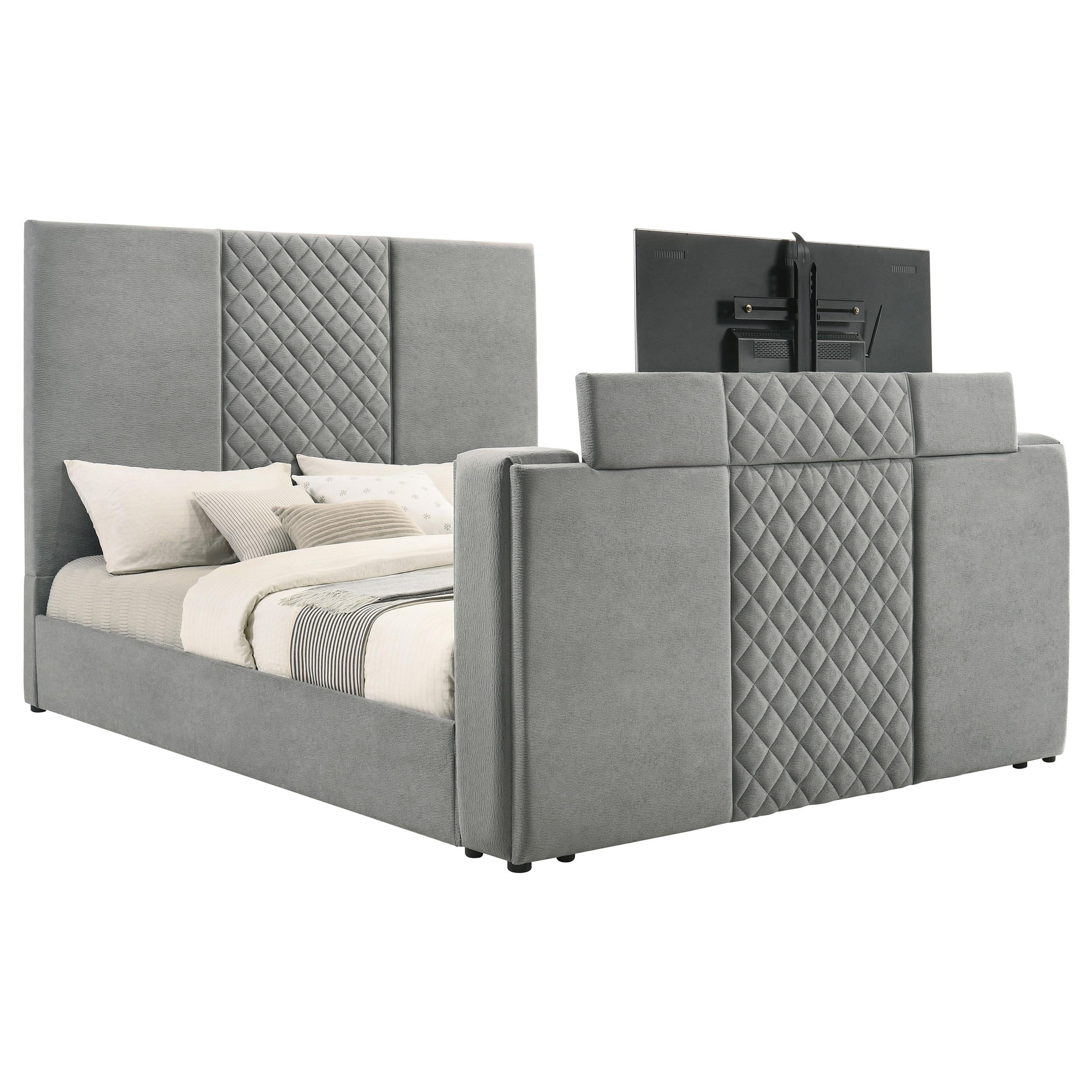 Tara 61-inch Upholstered Eastern King Panel TV Bed Grey - 315994KE