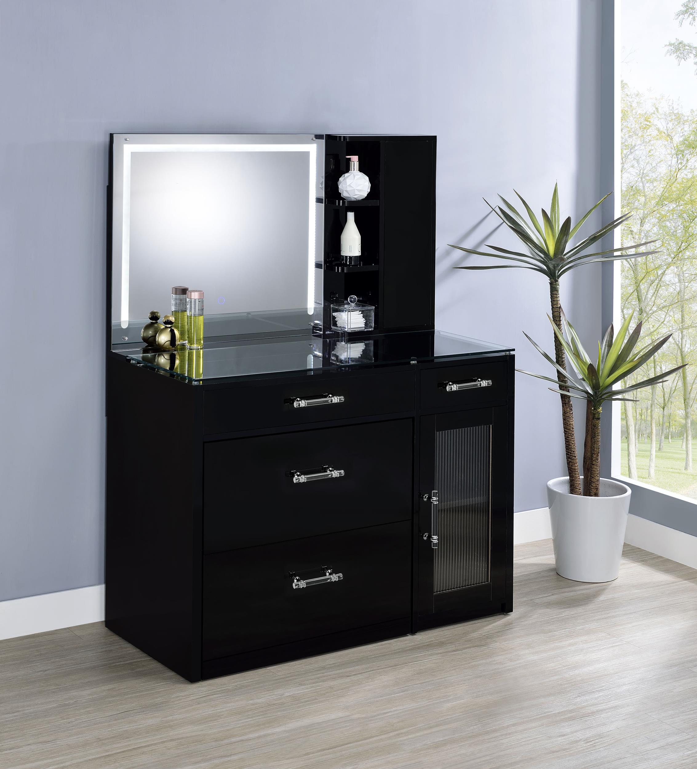 TBA 2-drawer Vanity Table Set LED Mirror and Stool Black High Gloss - 930219