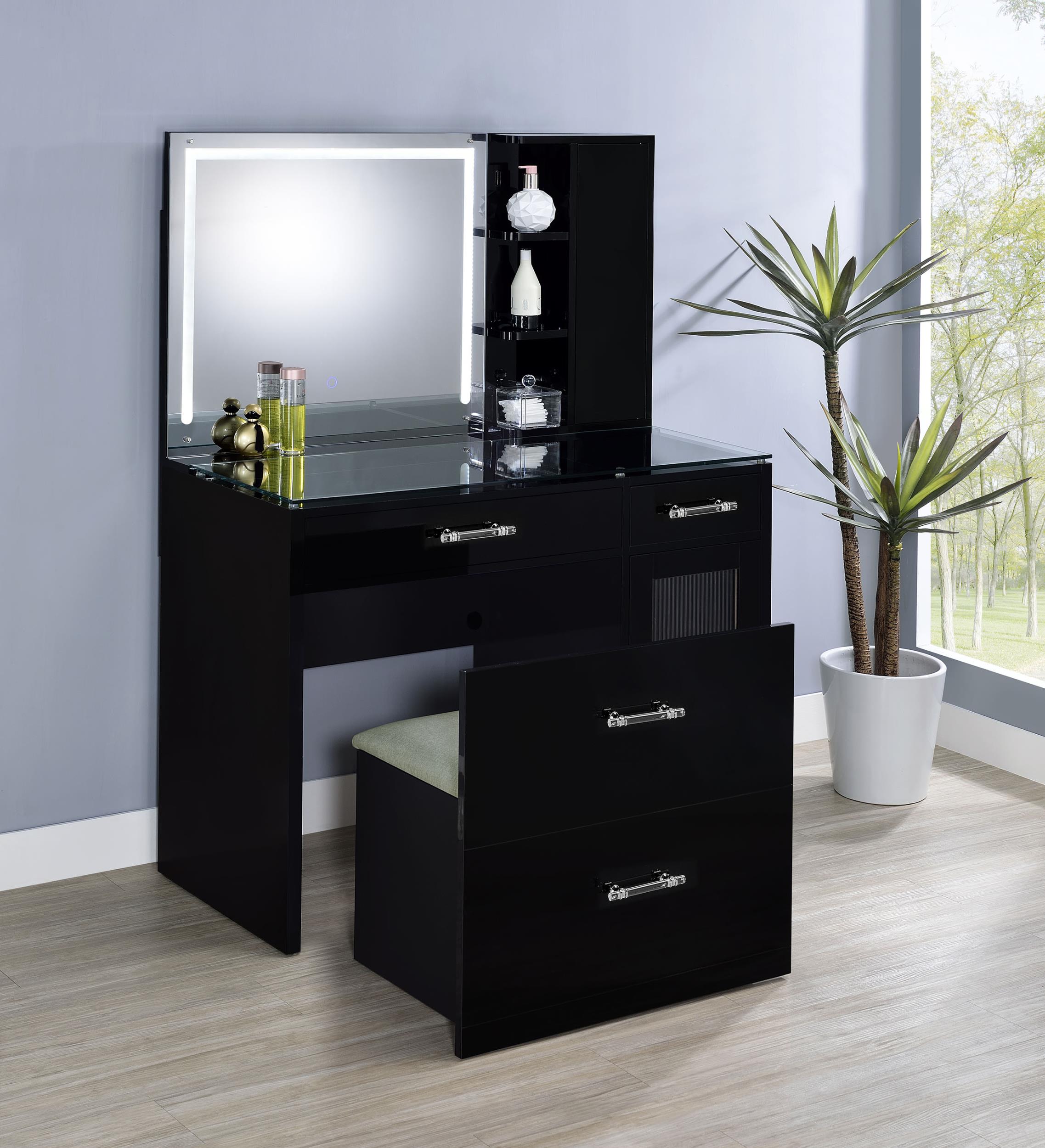 TBA 2-drawer Vanity Table Set LED Mirror and Stool Black High Gloss - 930219