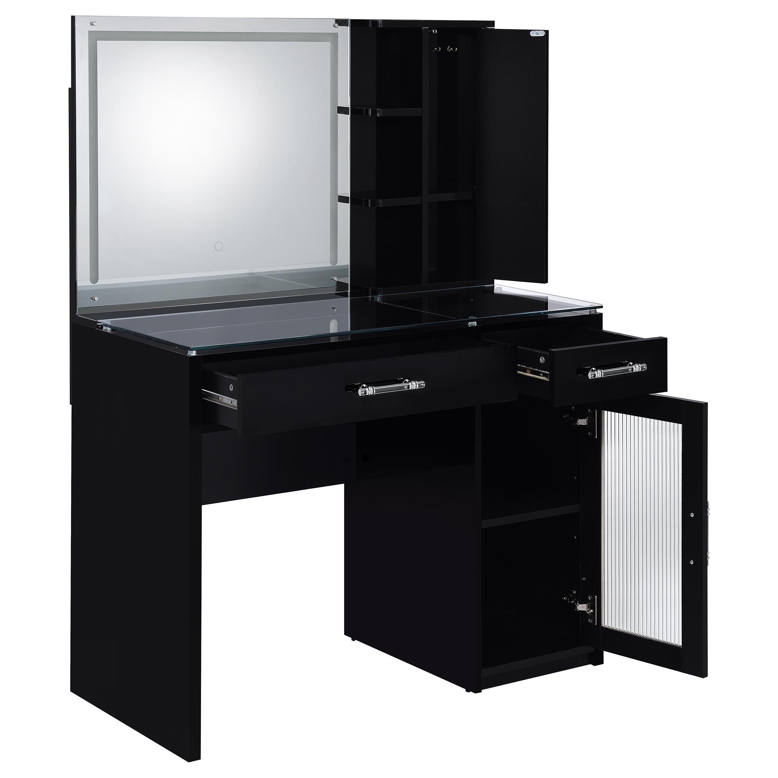 TBA 2-drawer Vanity Table Set LED Mirror and Stool Black High Gloss - 930219