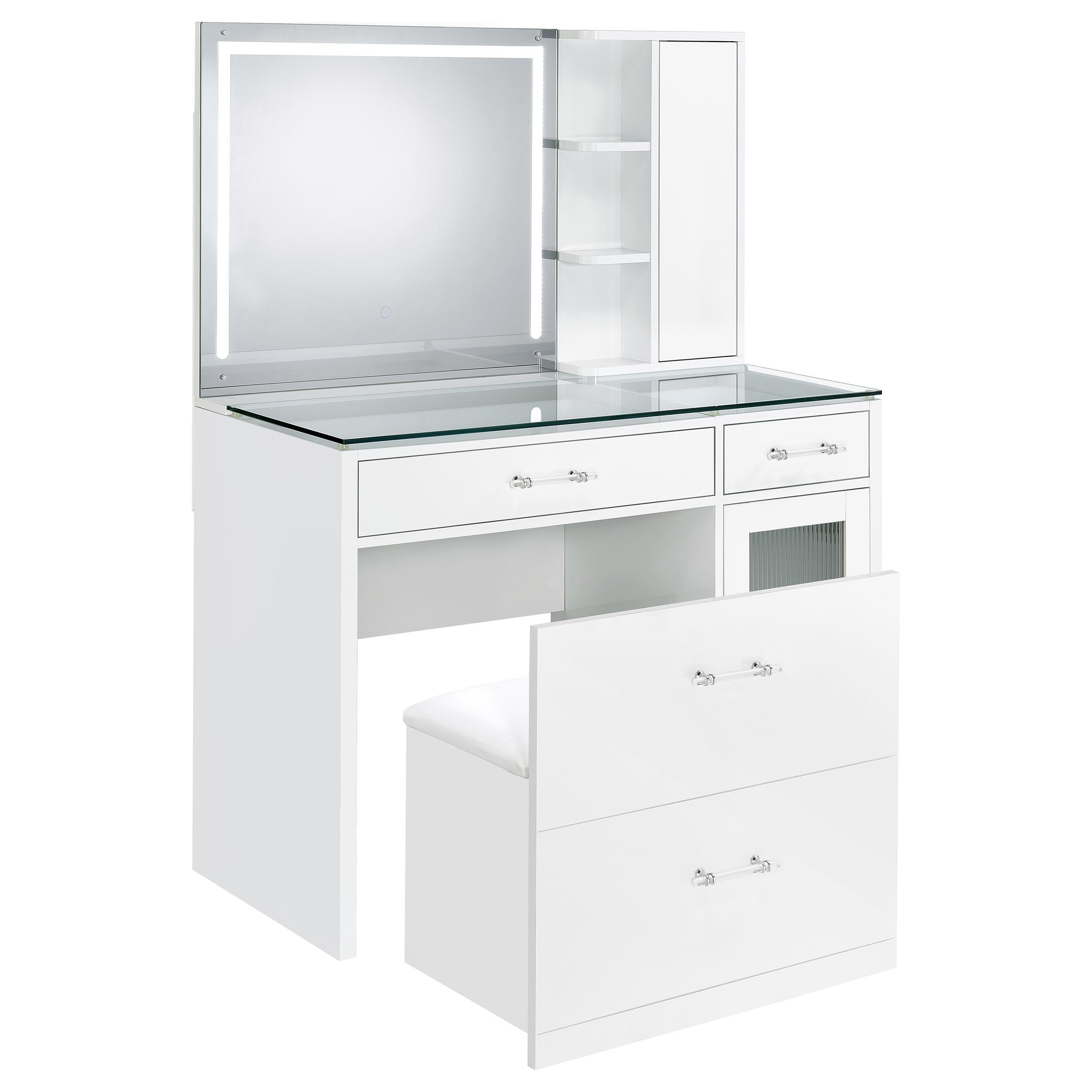 TBA 2-drawer Vanity Table Set LED Mirror and Stool White High Gloss - 930218