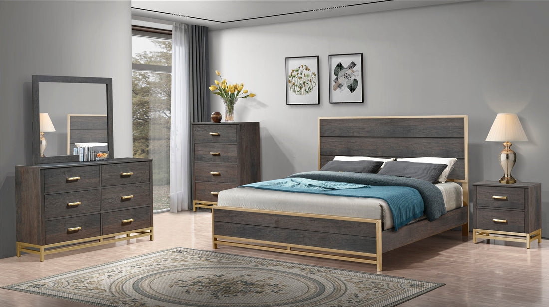 Trevor Brown/Gold King Panel Bed - SET | B3350-K-HB | B3350-K-FB | B3350-KQ-RAIL - Bien Home Furniture &amp; Electronics