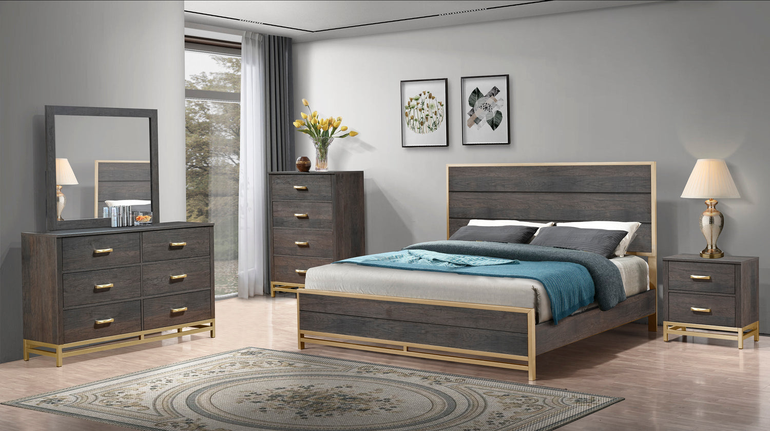 Trevor Brown/Gold King Panel Bed - SET | B3350-K-HB | B3350-K-FB | B3350-KQ-RAIL - Bien Home Furniture & Electronics