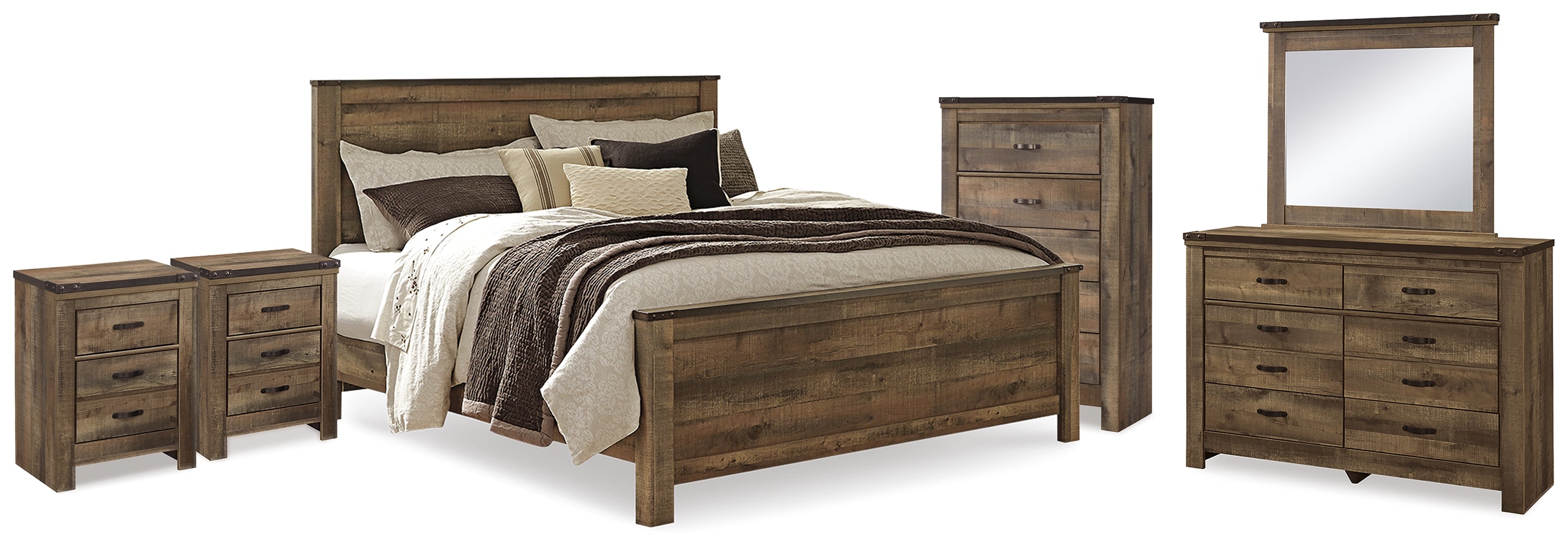 Trinell King Panel Bed. Dresser, Mirror, Chest and 2 Nightstands - B446B97
