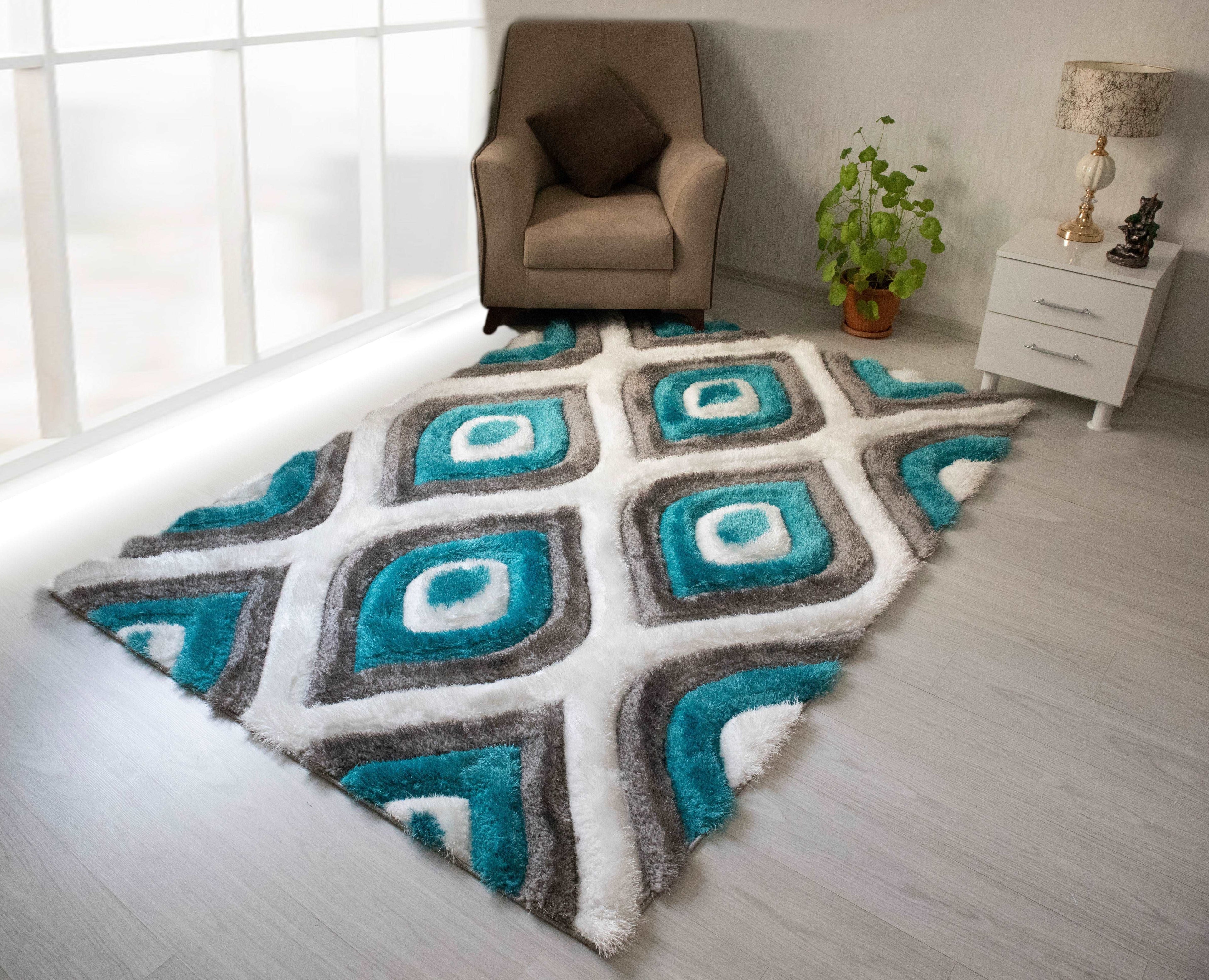 3D Shaggy GRAY-TURQOUISE Area Rug - 3D151 - 3D151-GRY/TRQ-57 - Bien Home Furniture &amp; Electronics