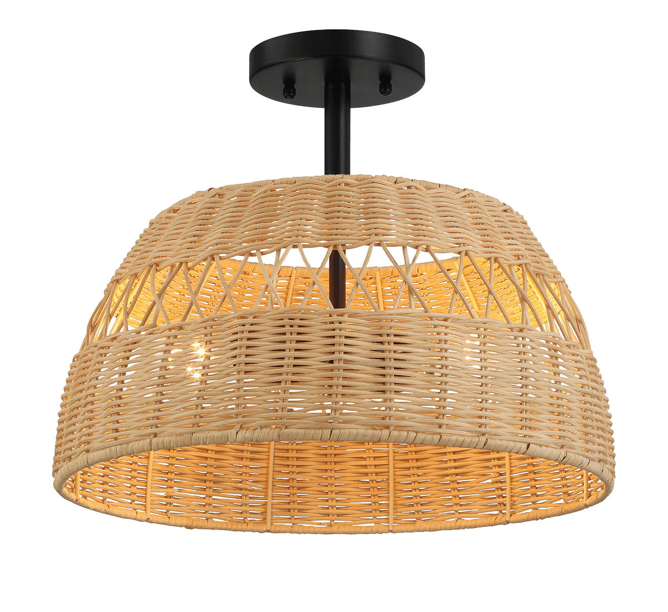 Twinkle Double Lights Semi Flush With Rattan Shade Black Metal Finish for Farmhouse Style - PNL03901601