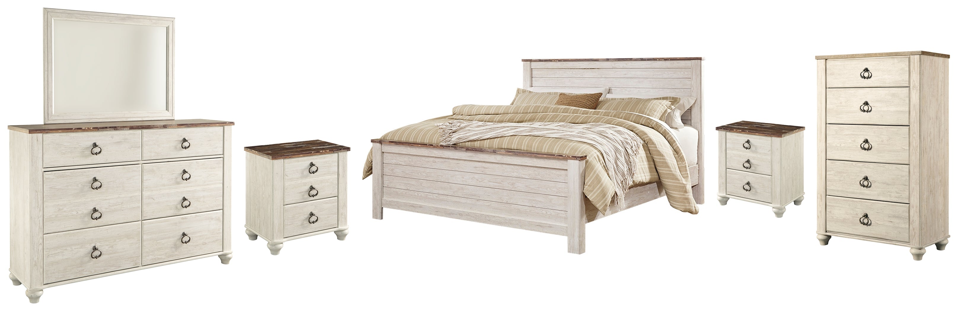 Willowton California King Panel Bed with Mirrored Dresser, Chest and 2 Nightstands in Whitewash - PKG004468