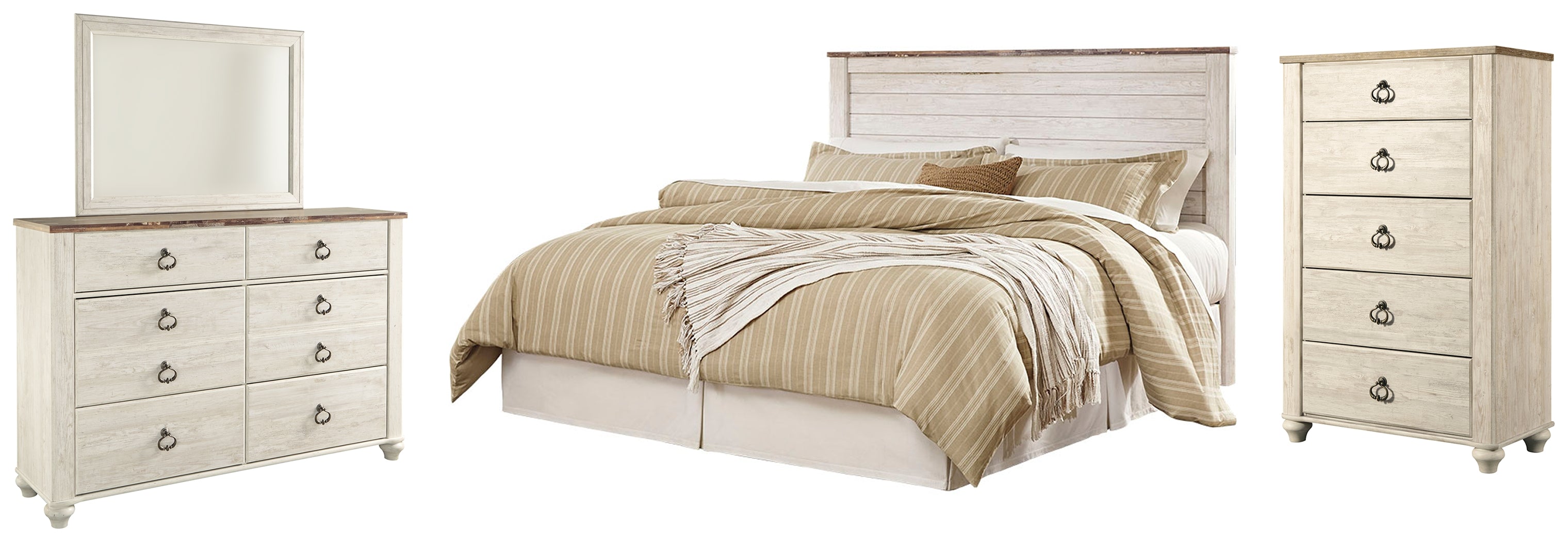 Willowton King/California King Panel Headboard Bed with Mirrored Dresser and Chest in Whitewash from Ashley - Luna Furniture