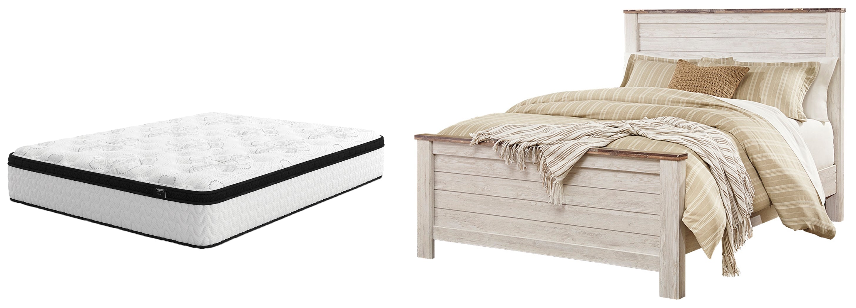 Willowton Queen Panel Bed with Mattress in Whitewash from Ashley - Luna Furniture