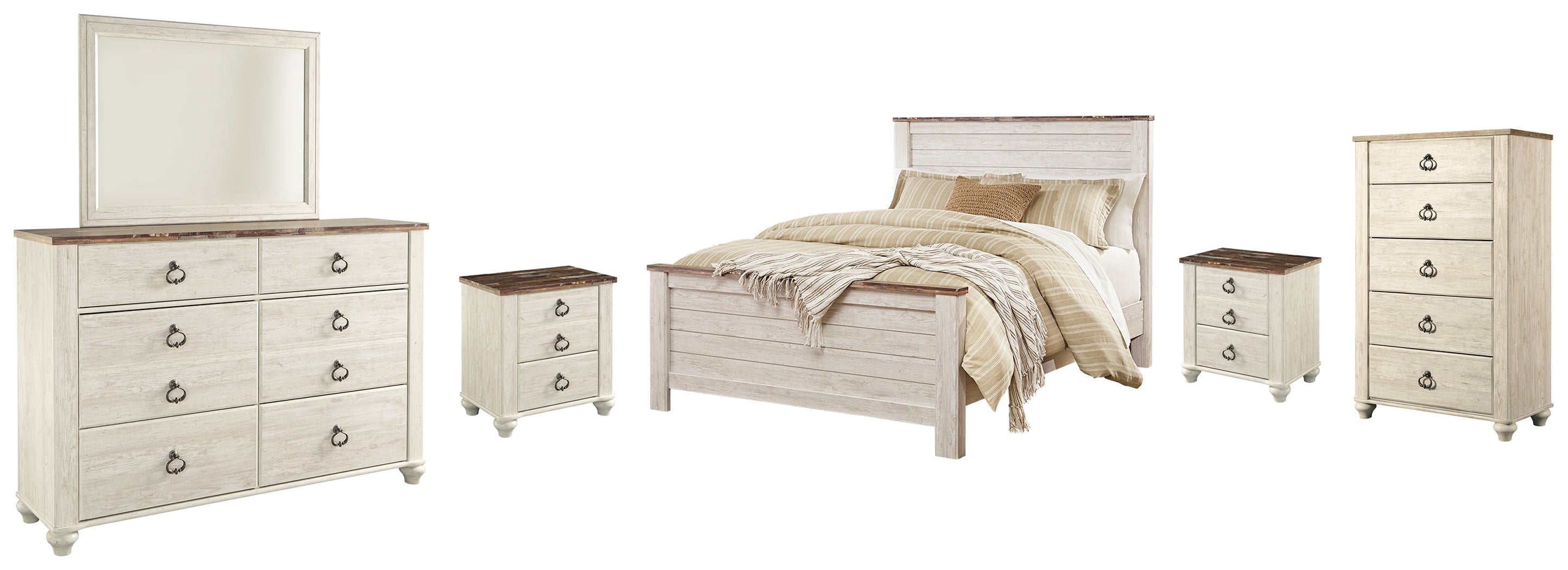 Willowton Queen Panel Bed with Mirrored Dresser, Chest and 2 Nightstands in Whitewash - PKG004473
