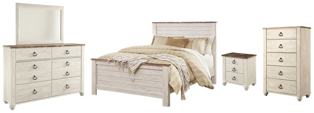 Willowton Queen Panel Bed with Mirrored Dresser, Chest and Nightstand in Whitewash - PKG004434