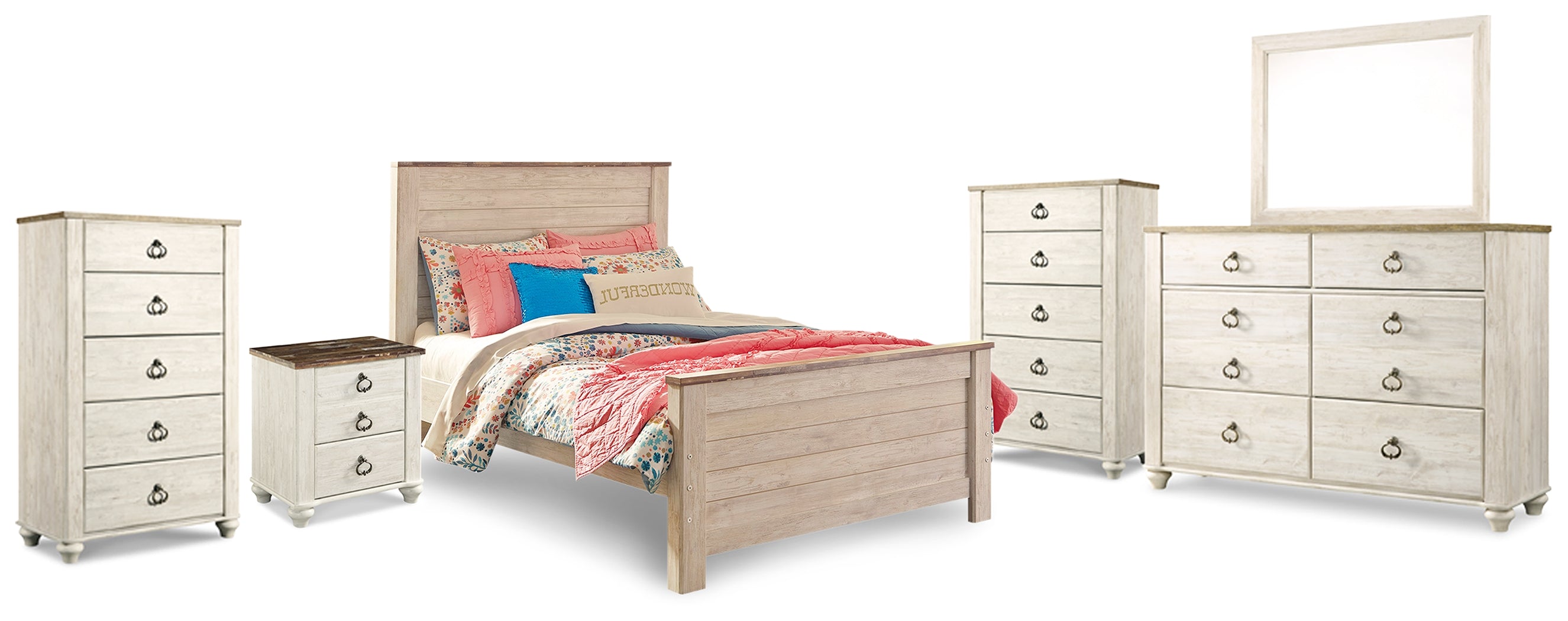 Willowton Whitewash Full Panel Bed, Dresser, Mirror, 2 Chests and nightstand - B267B40