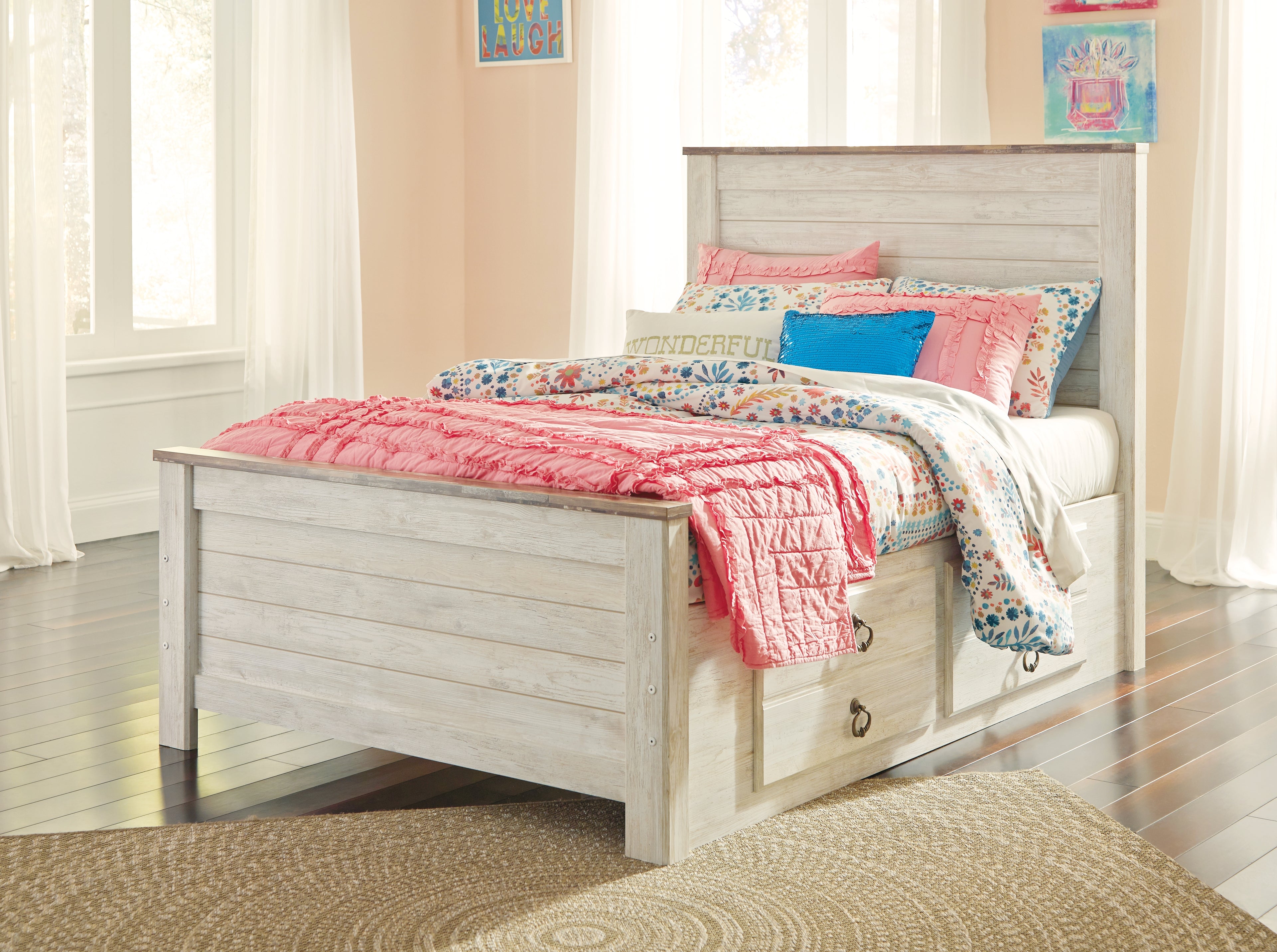 Willowton Whitewash Full Panel Bed with Storage, Dresser and Mirror - B267B52