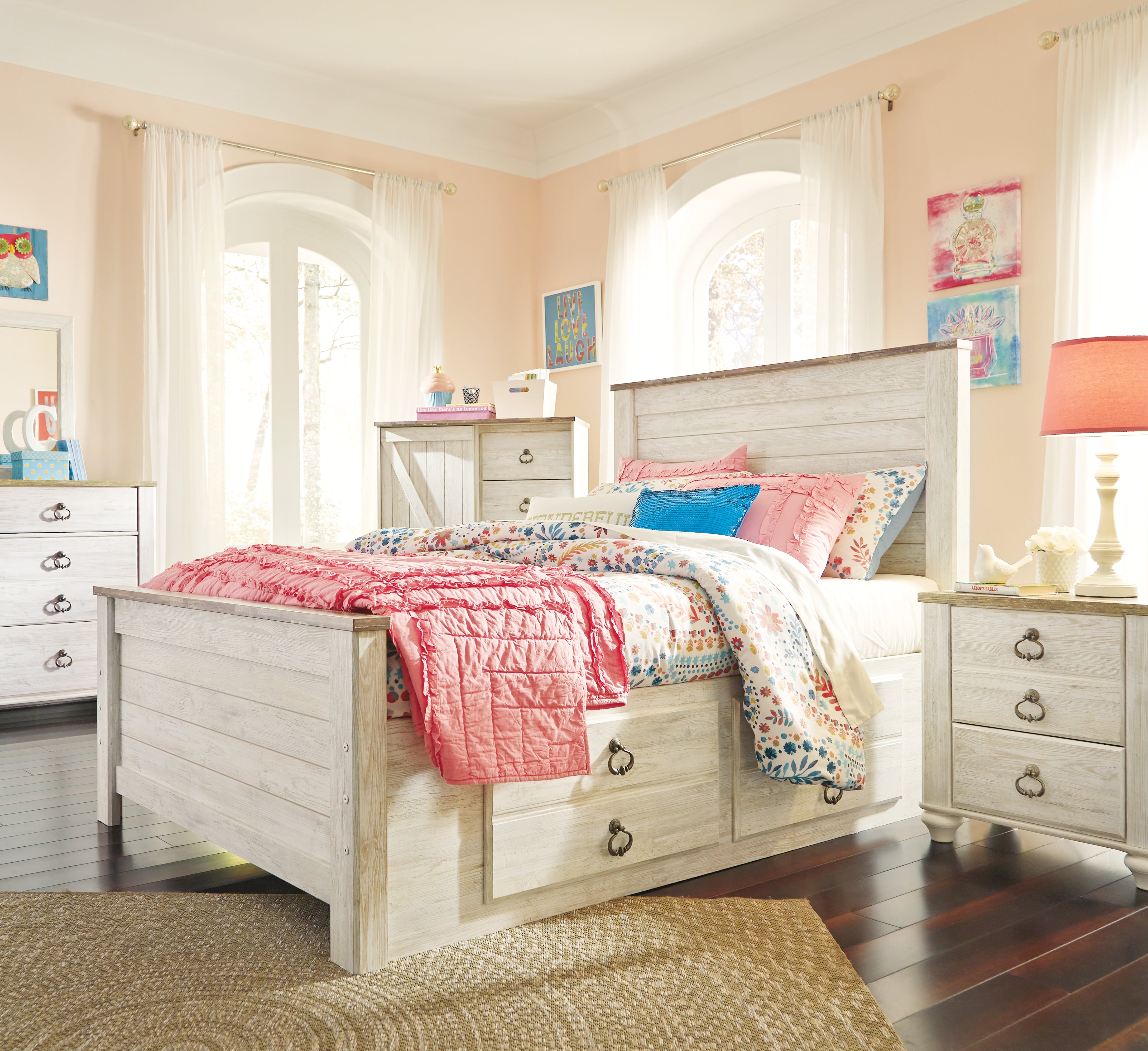 Willowton Whitewash Full Panel Bed with Storage, Dresser and Mirror - B267B52