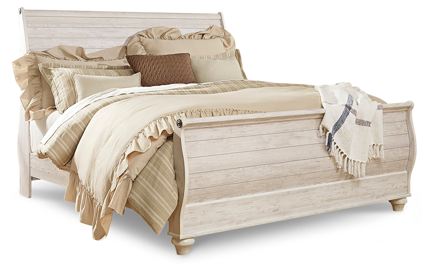 Willowton Whitewash King Sleigh Bed, Dresser, Mirror and 2 Nightstands - B267B46